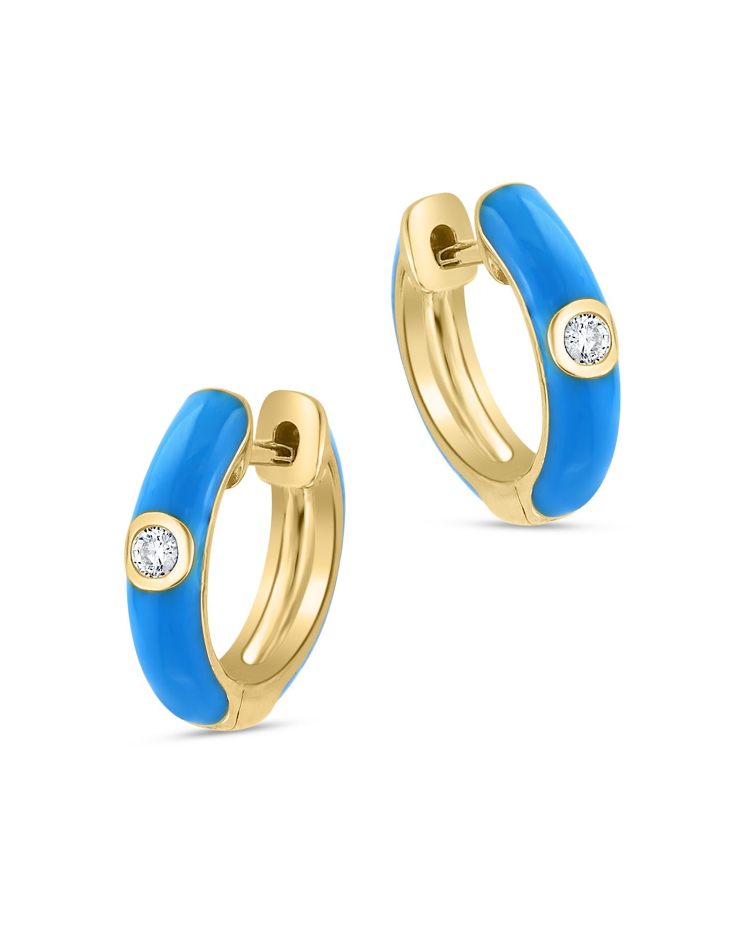 Diamond Accent Huggie Hoop Earrings in 14K Yellow Gold with Blue Enamel - Exclusive