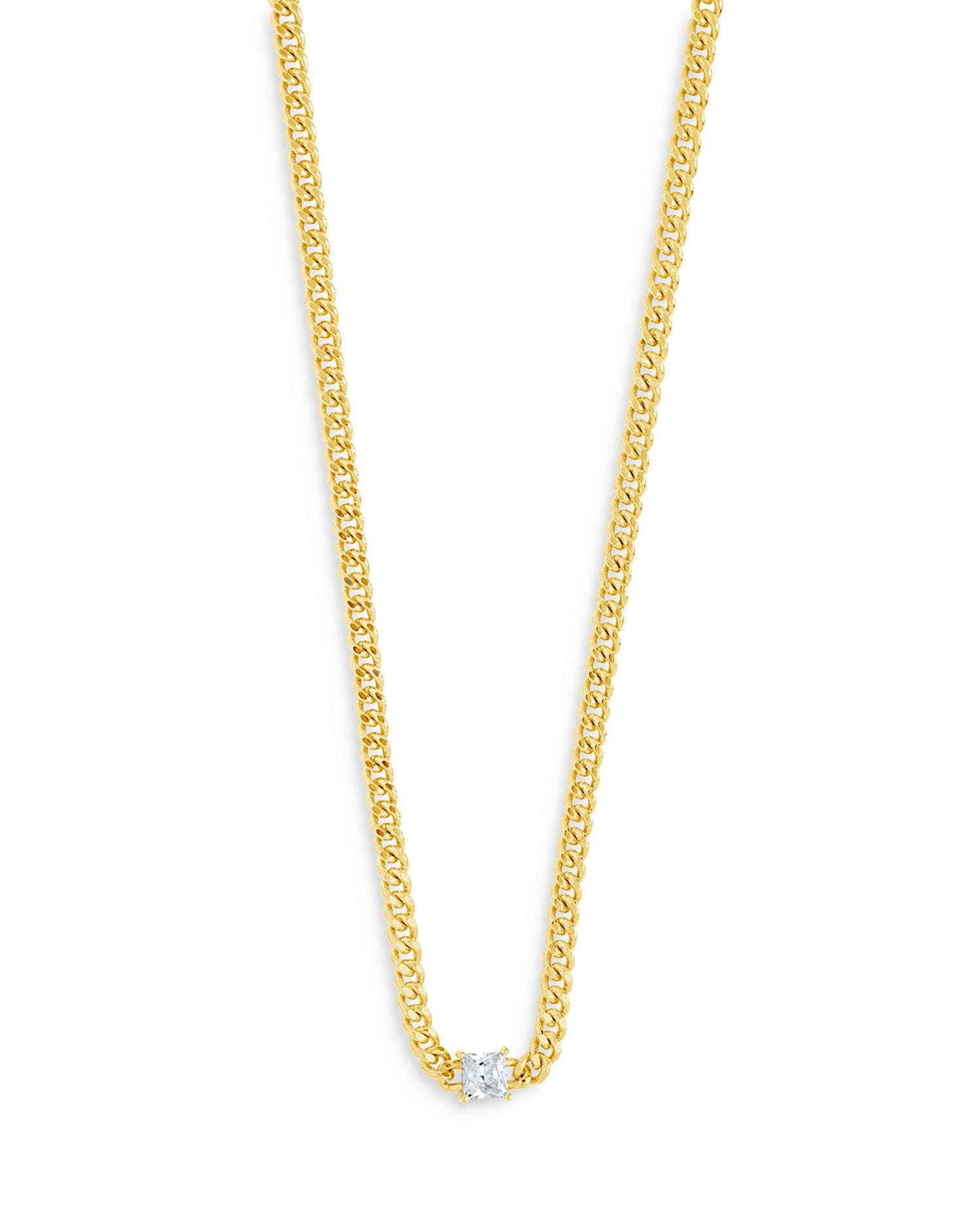 Square Cubic Zirconia Curb Chain Collar Necklace in 14K Gold Plated, 16'-18'