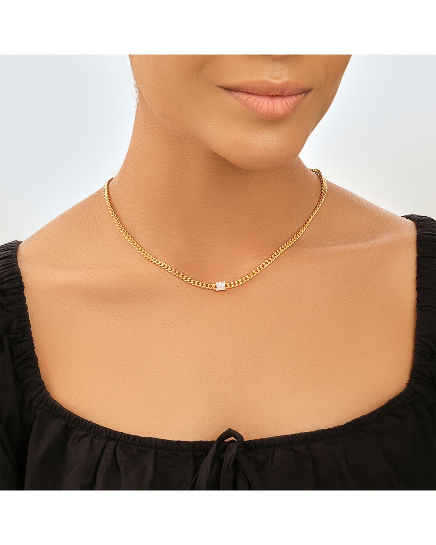 Square Cubic Zirconia Curb Chain Collar Necklace in 14K Gold Plated, 16'-18'