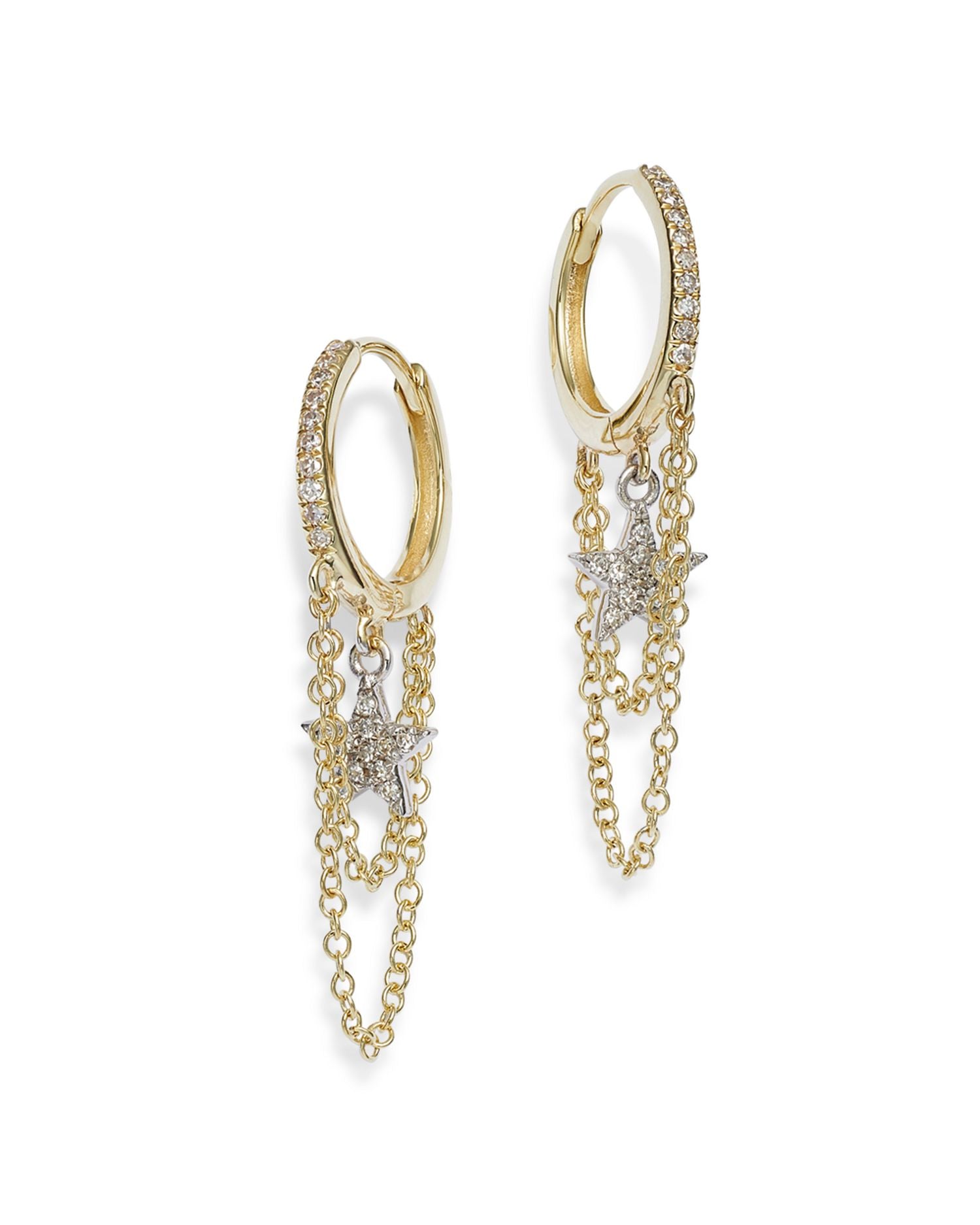 14K Yellow and White Gold Pavé Diamond Star Hoop Earrings