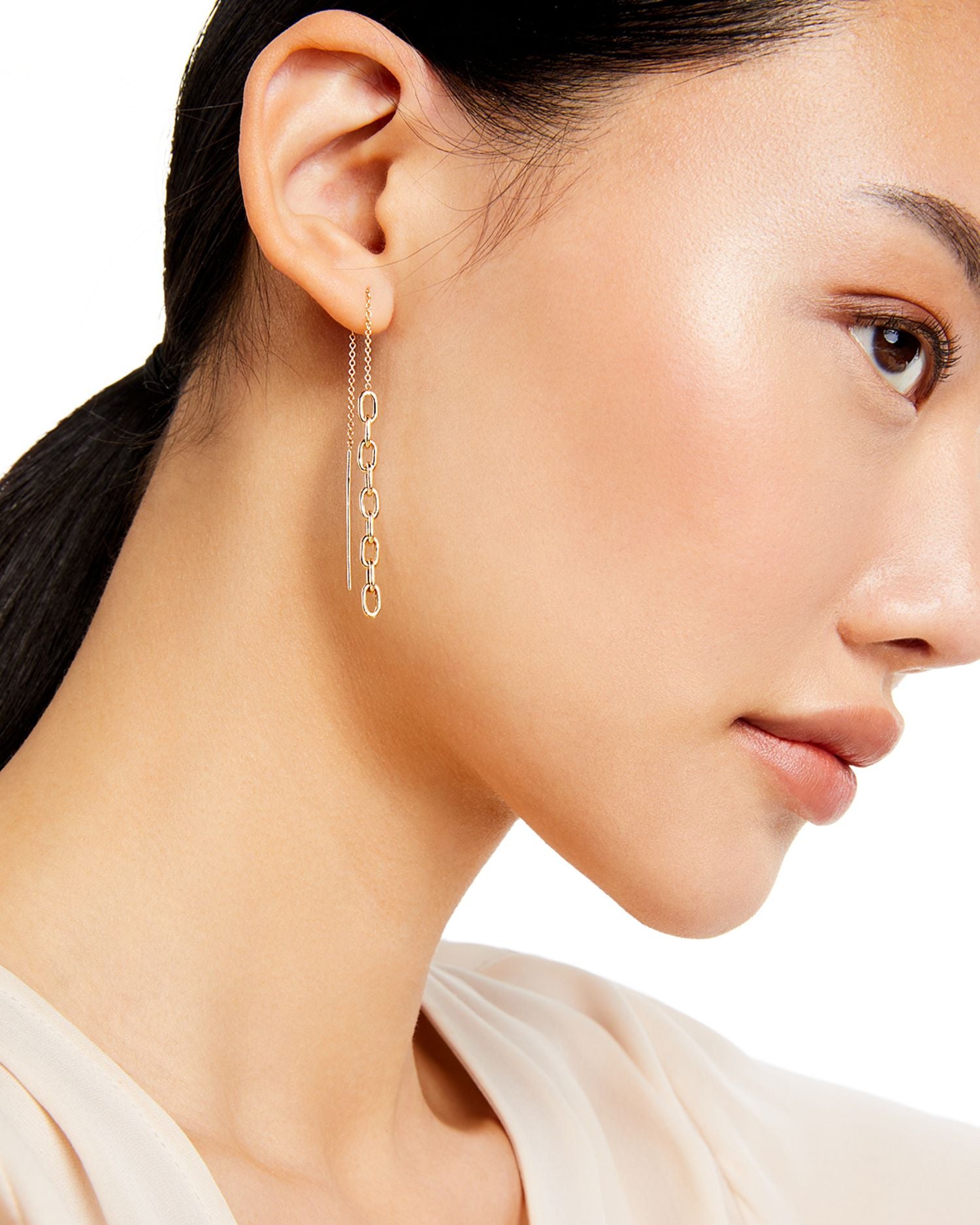 14K Yellow Gold Heavy Metal Chain Drop Threader Earrings