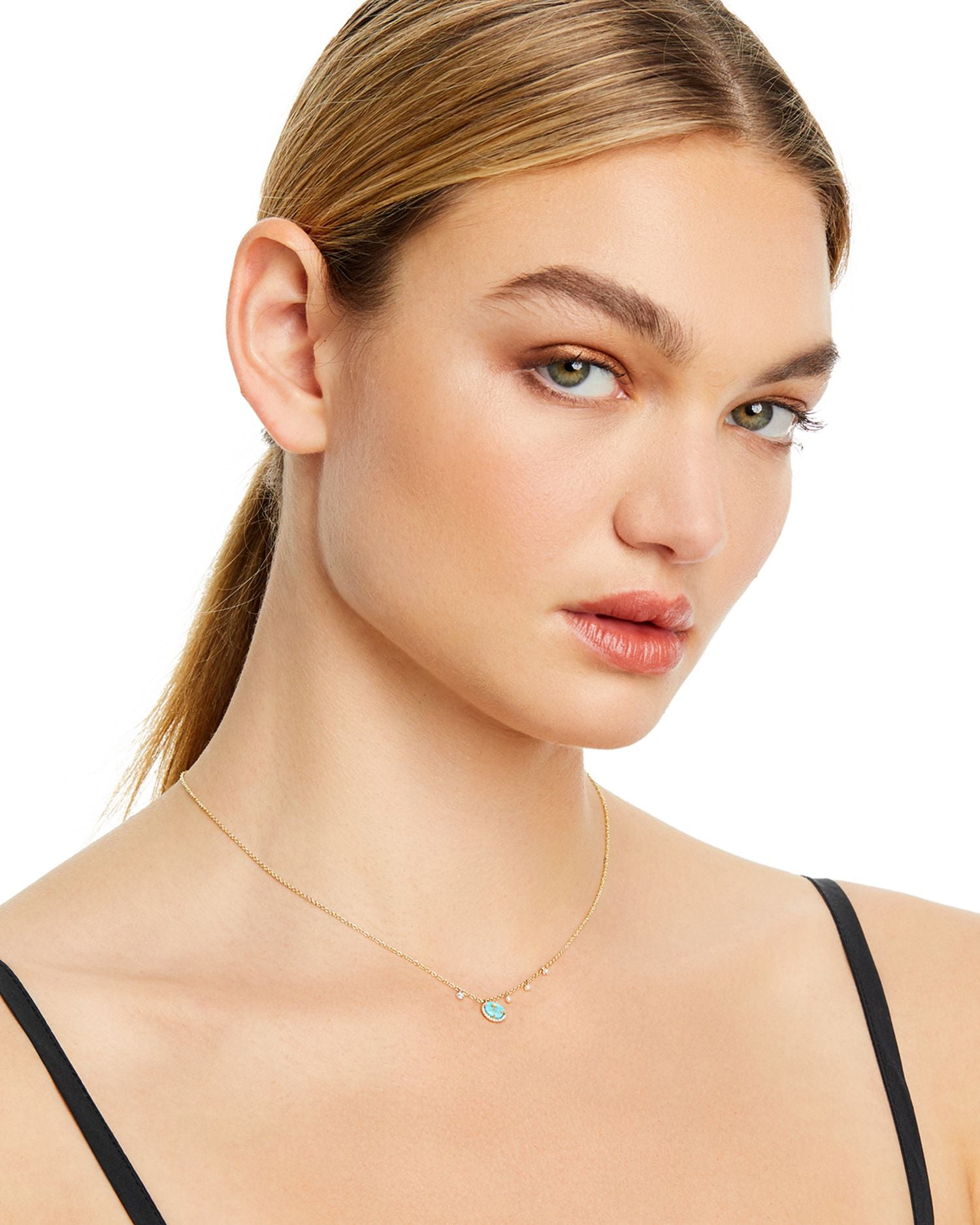 14K Yellow Gold Turquoise Doublet and Diamond Pendant Necklace with Cultured Freshwater Pearl Charms, 16'