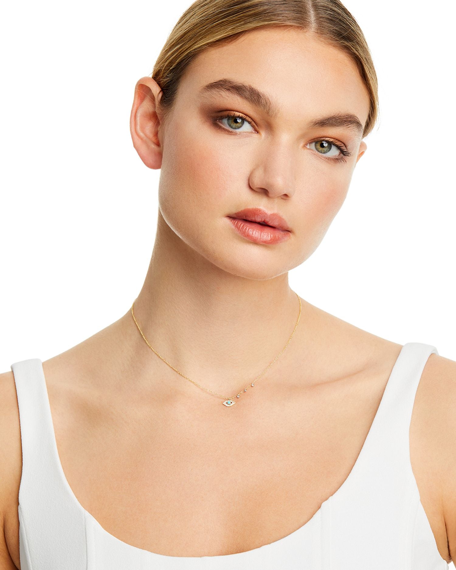 14K Yellow Gold & 14K White Gold Diamond & Turquoise Evil Eye Adjustable Pendant Necklace, 18'