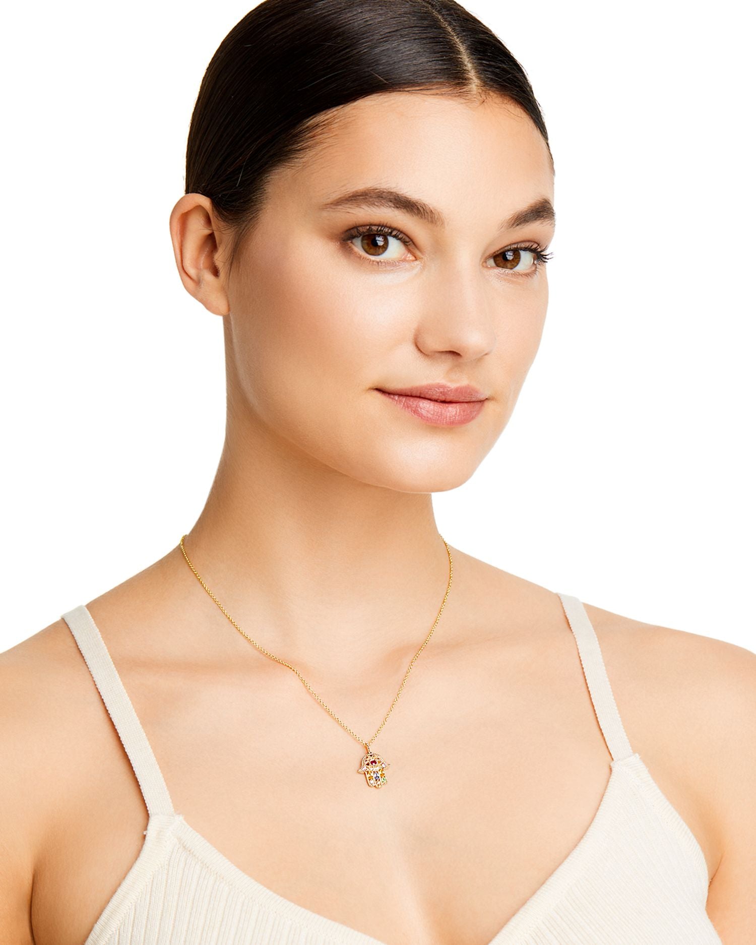 Rainbow Gemstone & Diamond Hamsa Pendant Necklace in 14K Yellow Gold, 18' - Exclusive