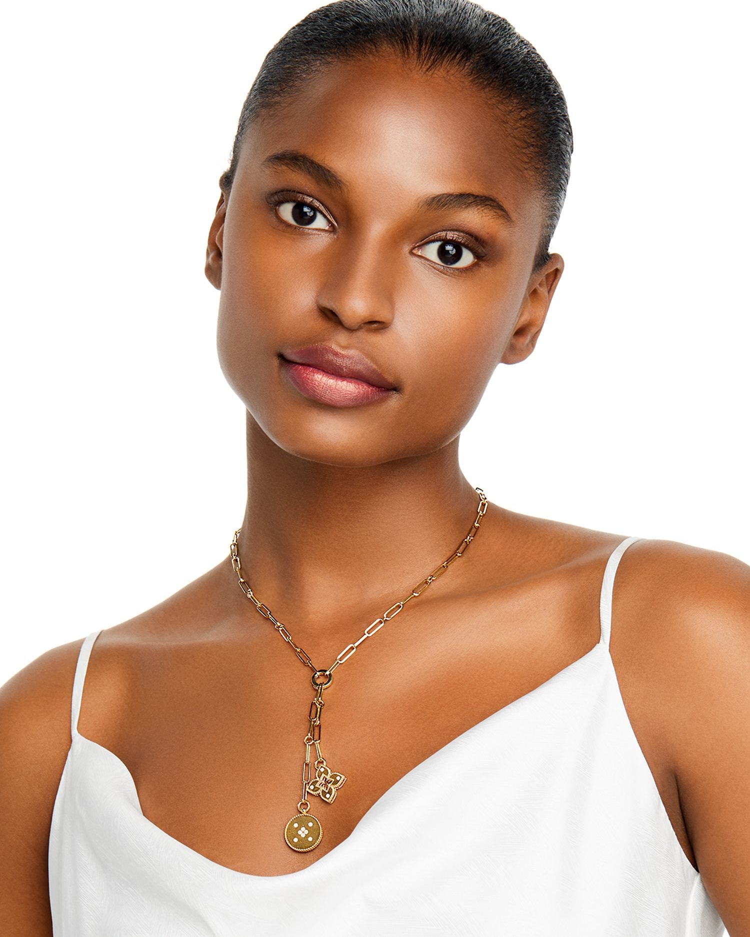 18K Yellow Gold Venetian Princess Diamond Flower & Disc Pendant Y Necklace, 15'