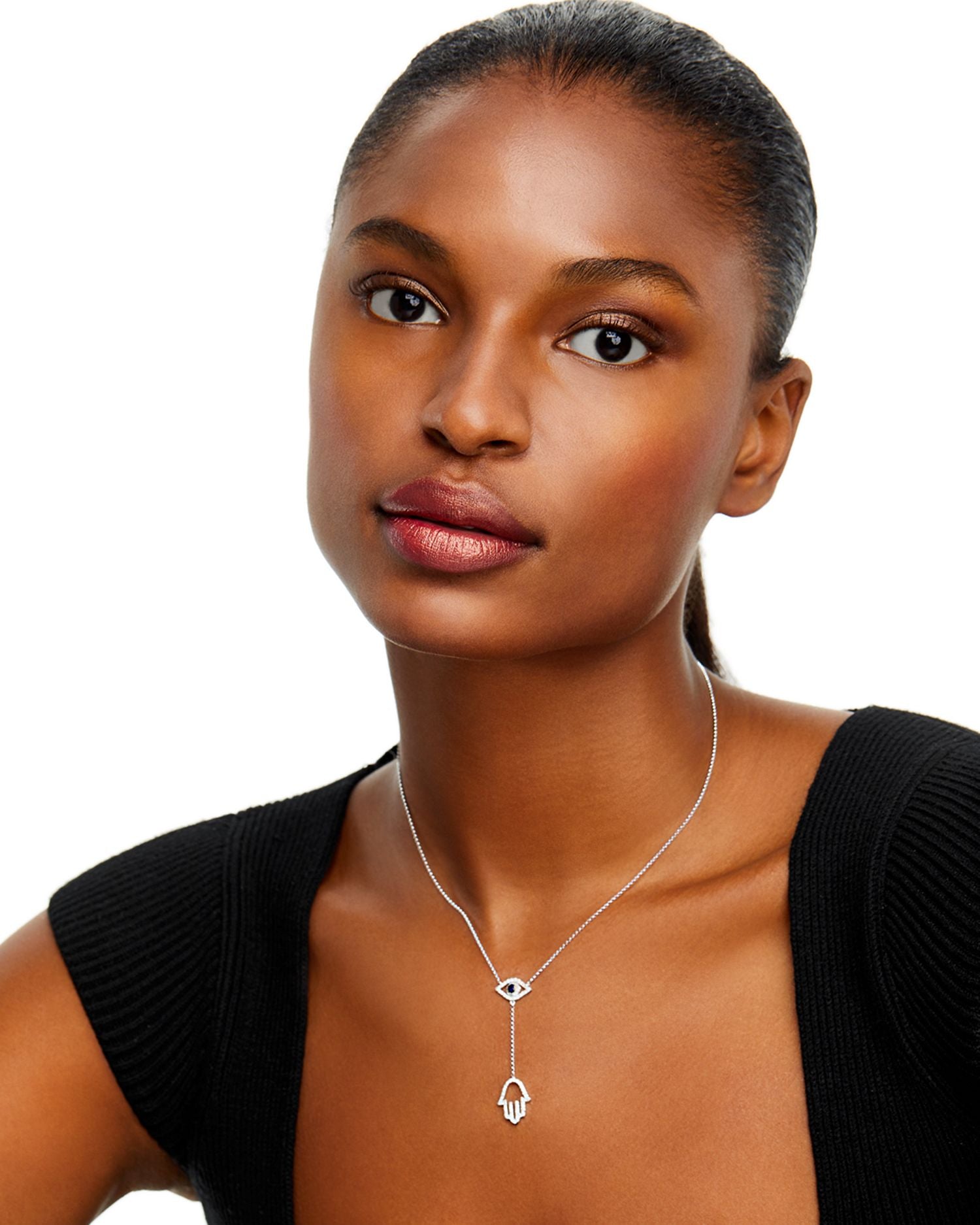 Sapphire and Diamond Evil Eye Hamsa Y Necklace in 14K White Gold, 16" - Exclusive
