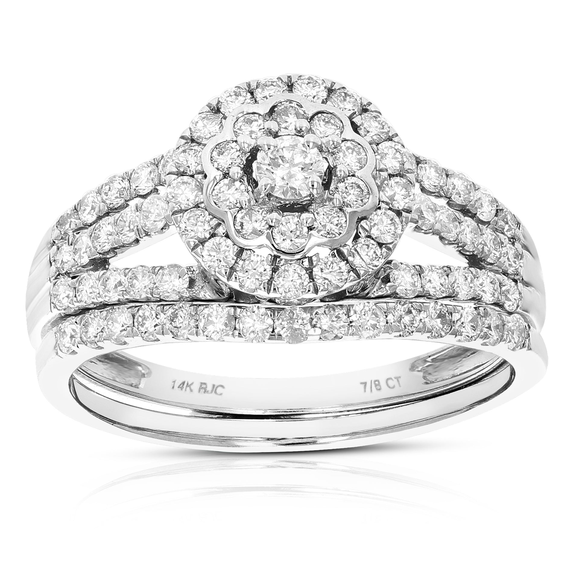 7/8 cttw Diamond Wedding Engagement Ring Set 14K White Gold Prong Flower