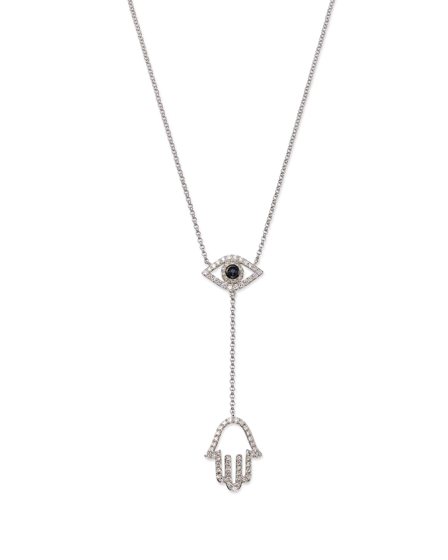 Sapphire and Diamond Evil Eye Hamsa Y Necklace in 14K White Gold, 16" - Exclusive