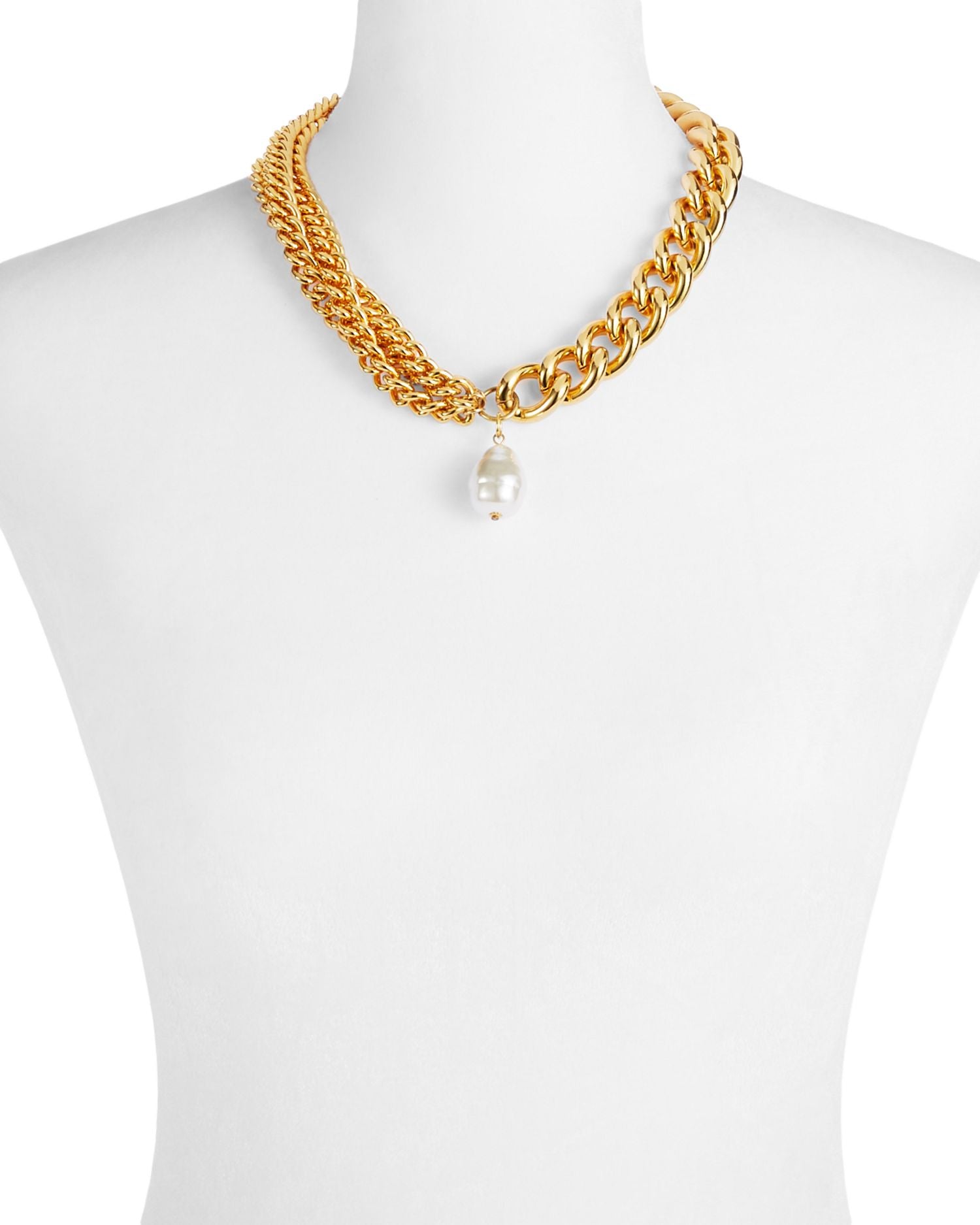 Imitation Pearl Chain Link Pendant Necklace in Gold Tone, 18'