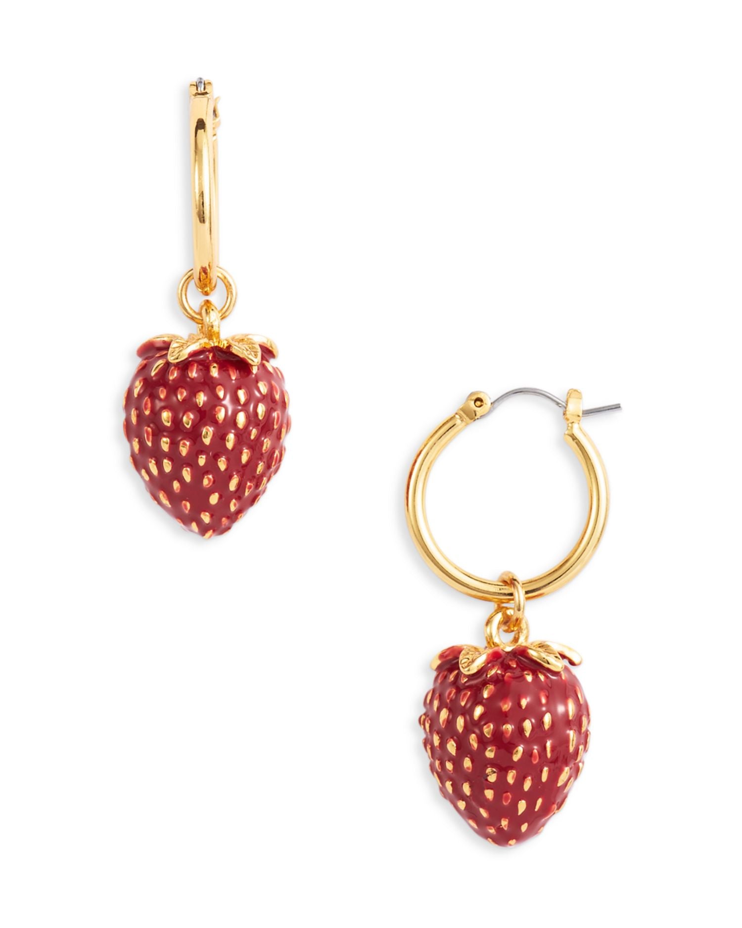 Strawberry Charm Hoop Earrings in Gold Tone
