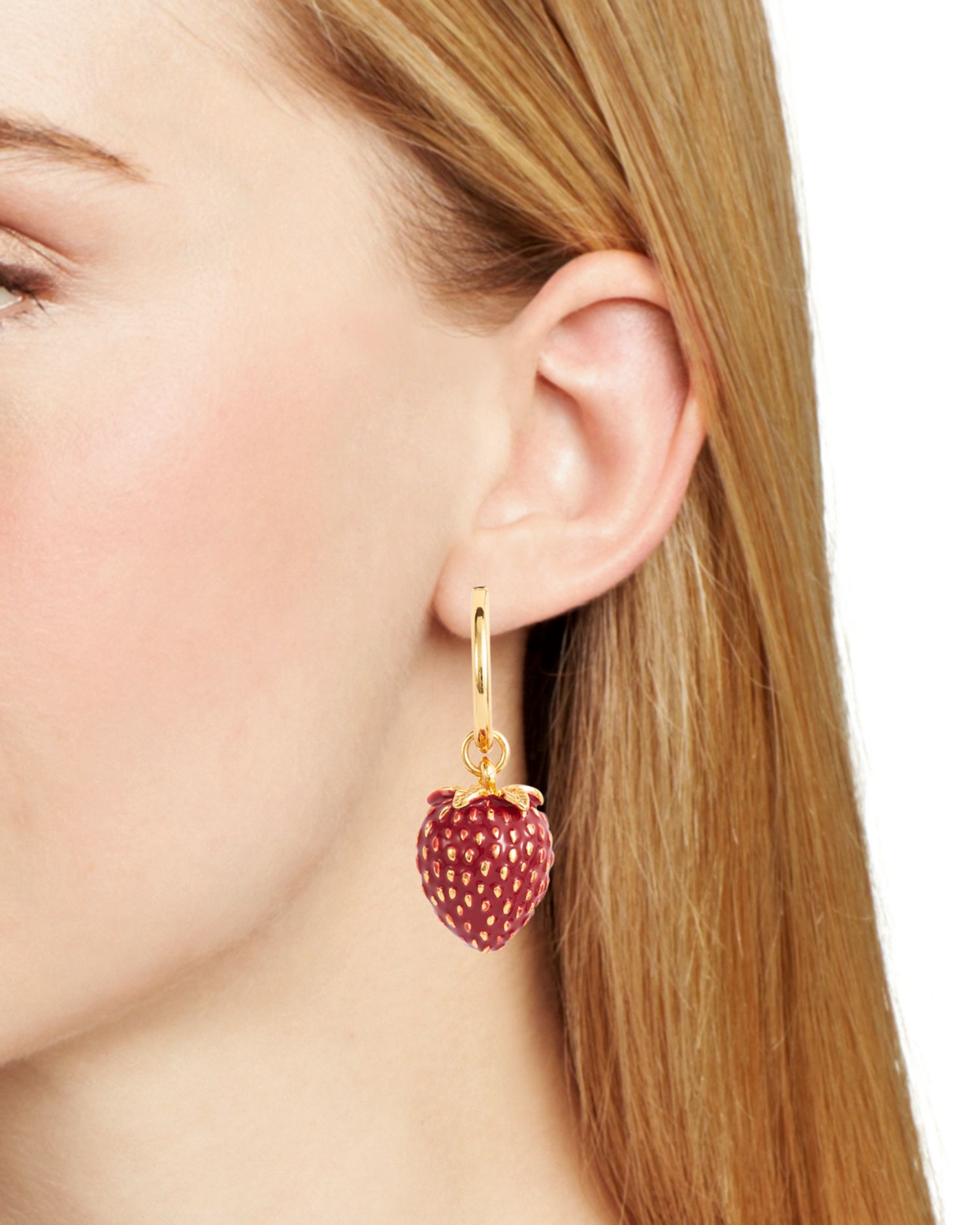 Strawberry Charm Hoop Earrings in Gold Tone