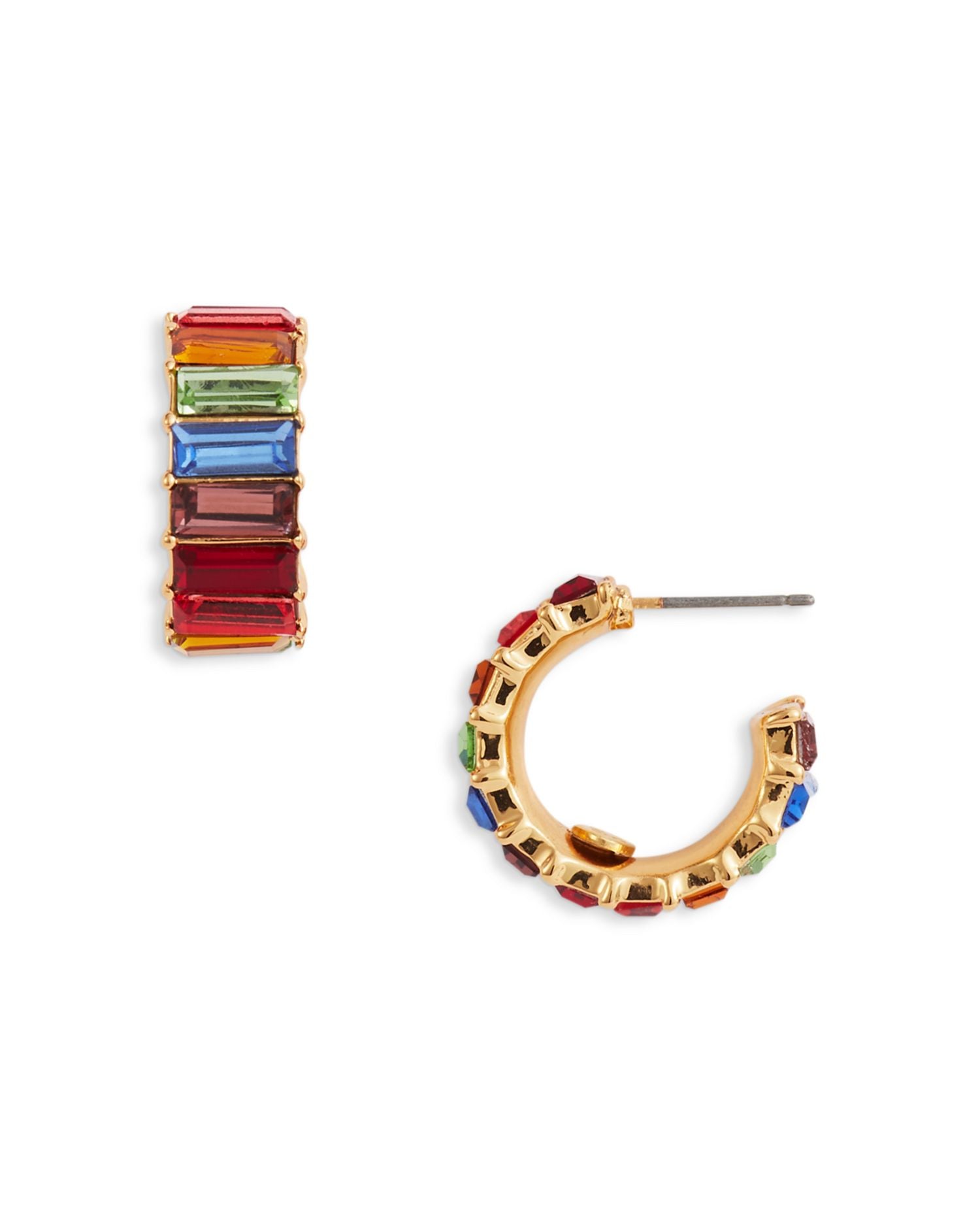 Rainbow Baguette Crystal Hoop Earrings in Gold Tone