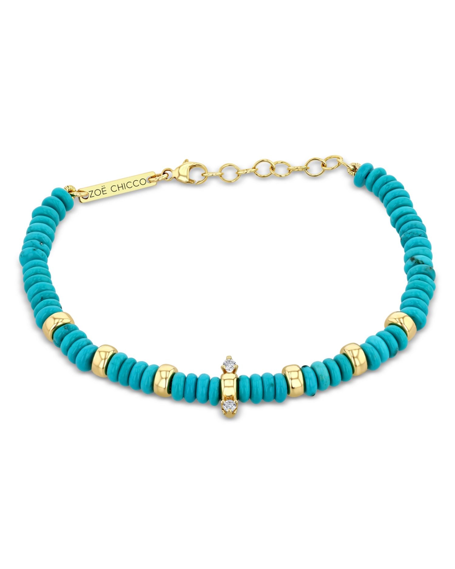 14K Yellow Gold Gemstone Beads Turquoise & Diamond Bracelet
