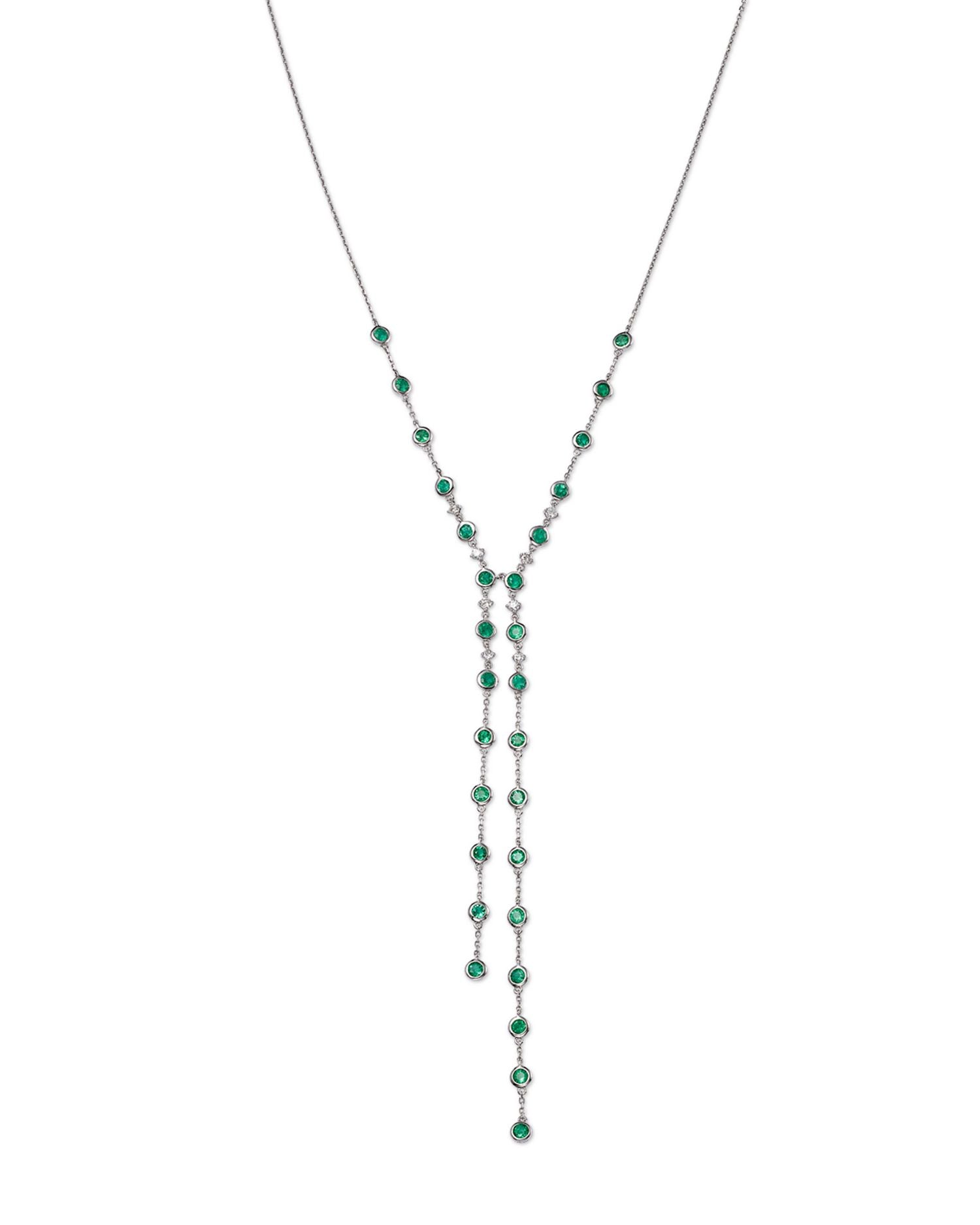Emerald & Diamond Lariat Necklace in 14K White Gold, 18" - Exclusive