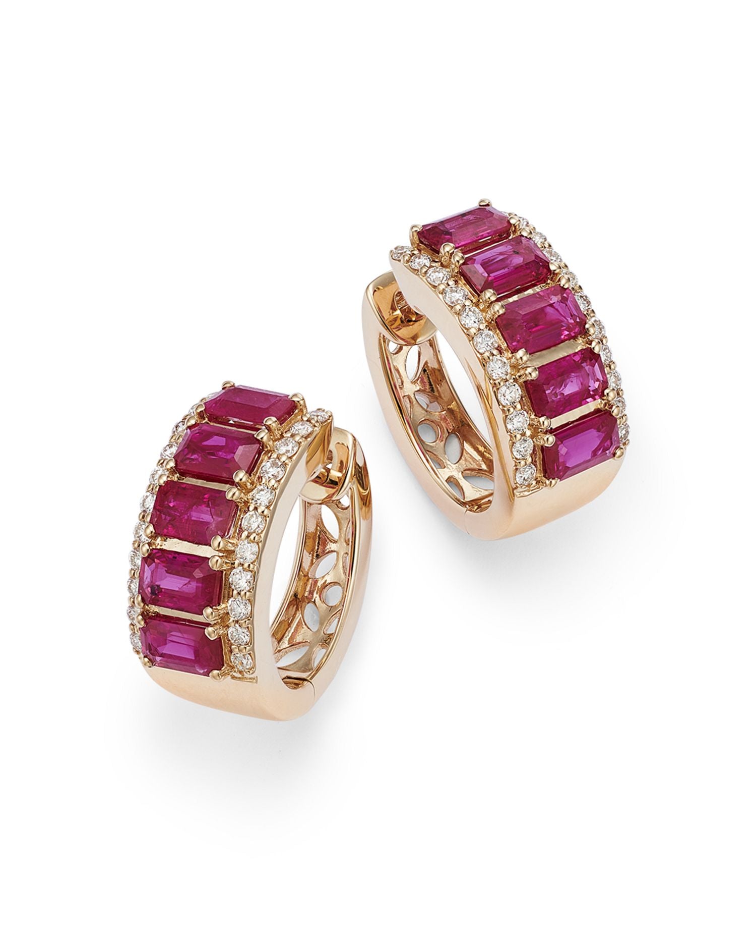 Ruby & Diamond Huggie Hoop Earrings in 14K Yellow Gold - Exclusive