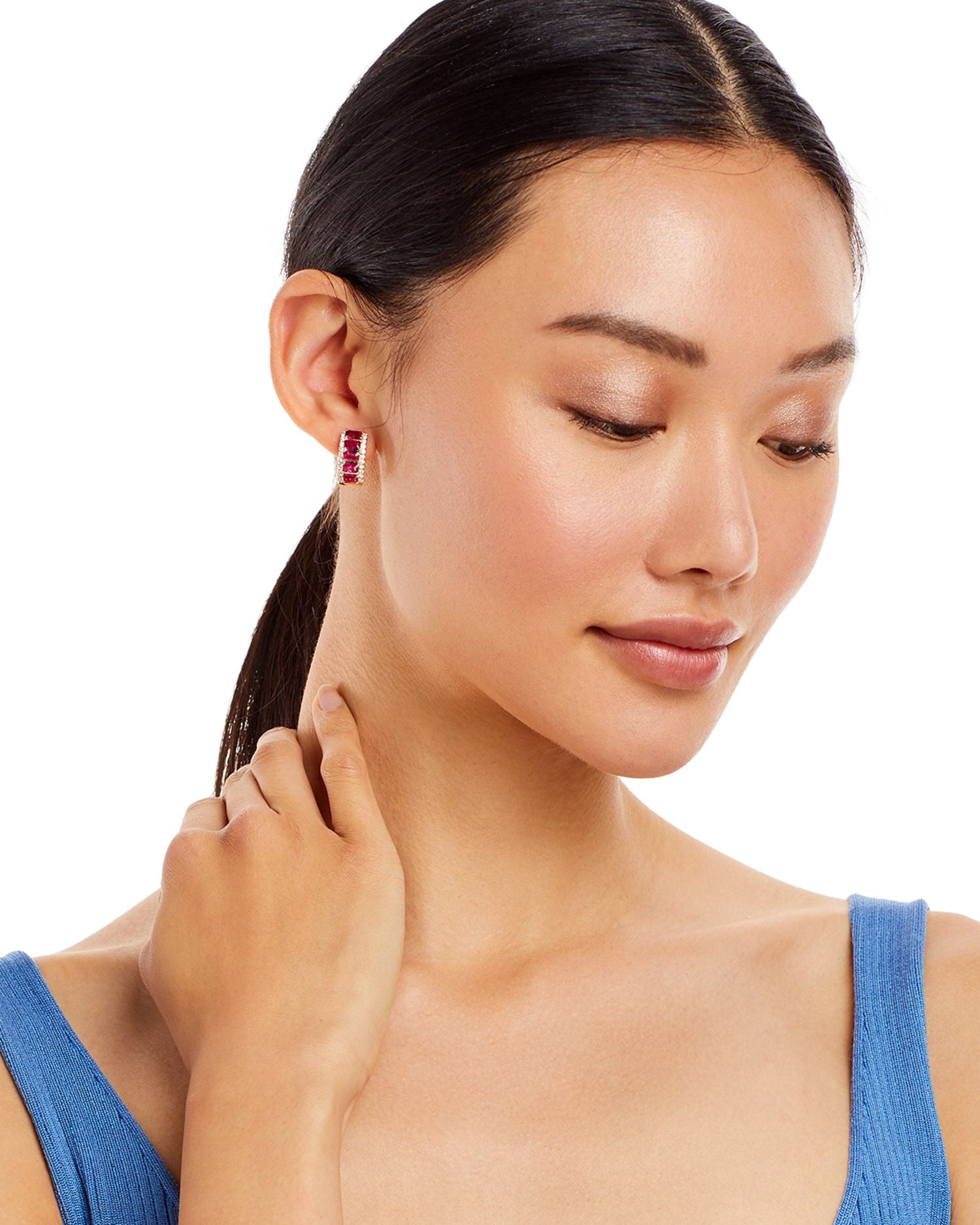 Ruby & Diamond Huggie Hoop Earrings in 14K Yellow Gold - Exclusive