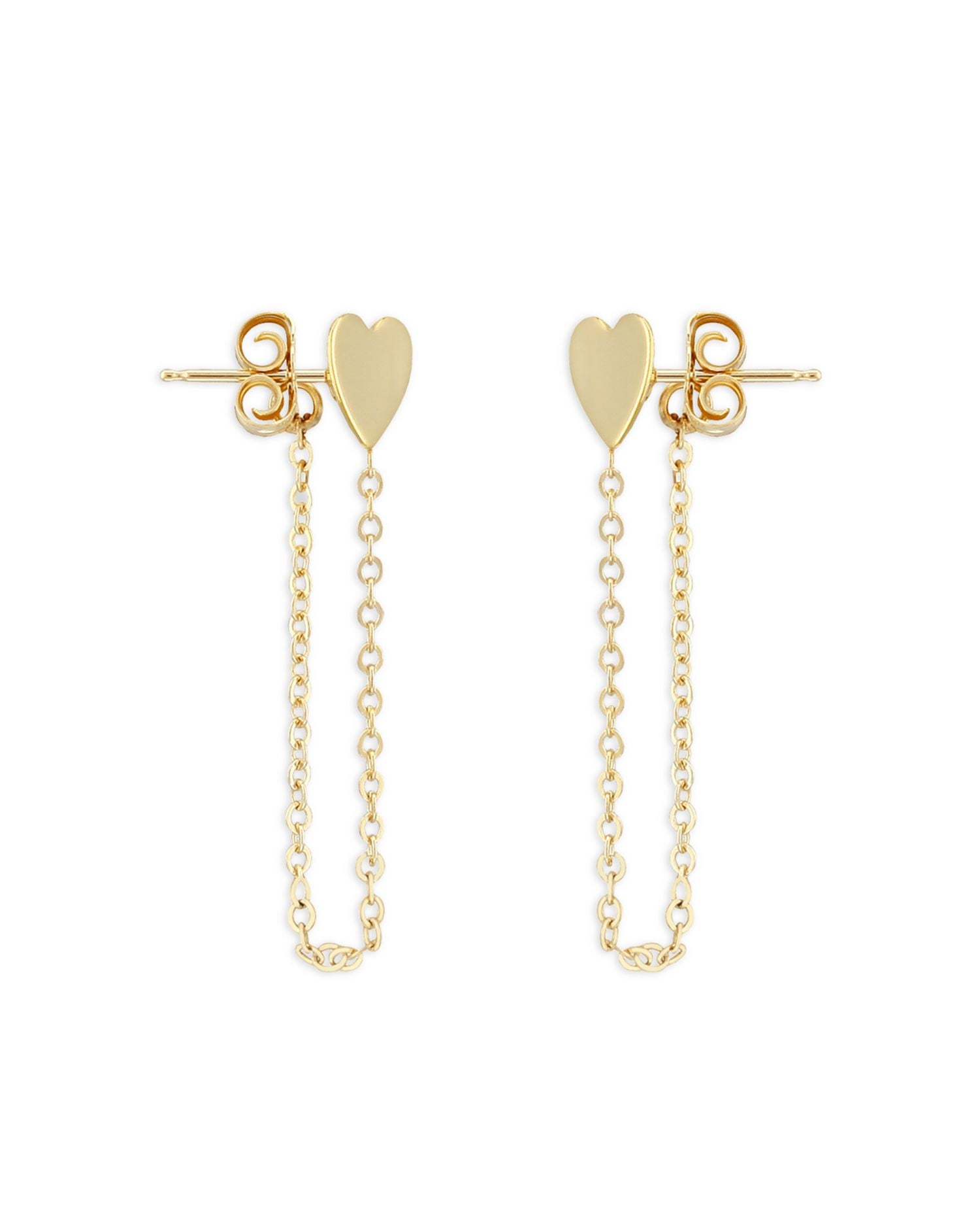 14K Yellow Gold Heart Chain Drop Earrings
