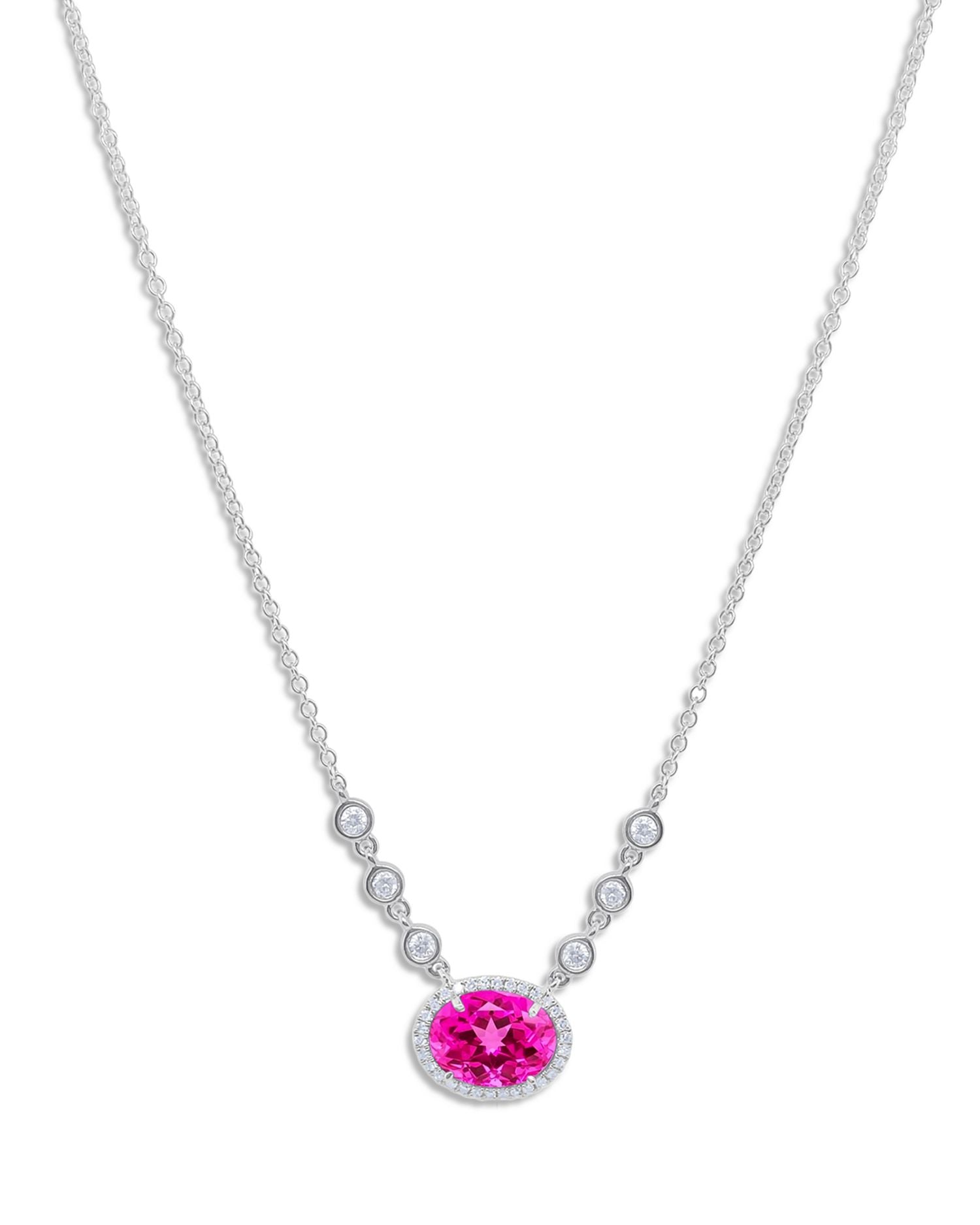 14K White Gold Pink Sapphire & Diamond Halo Pendant Necklace, 18'