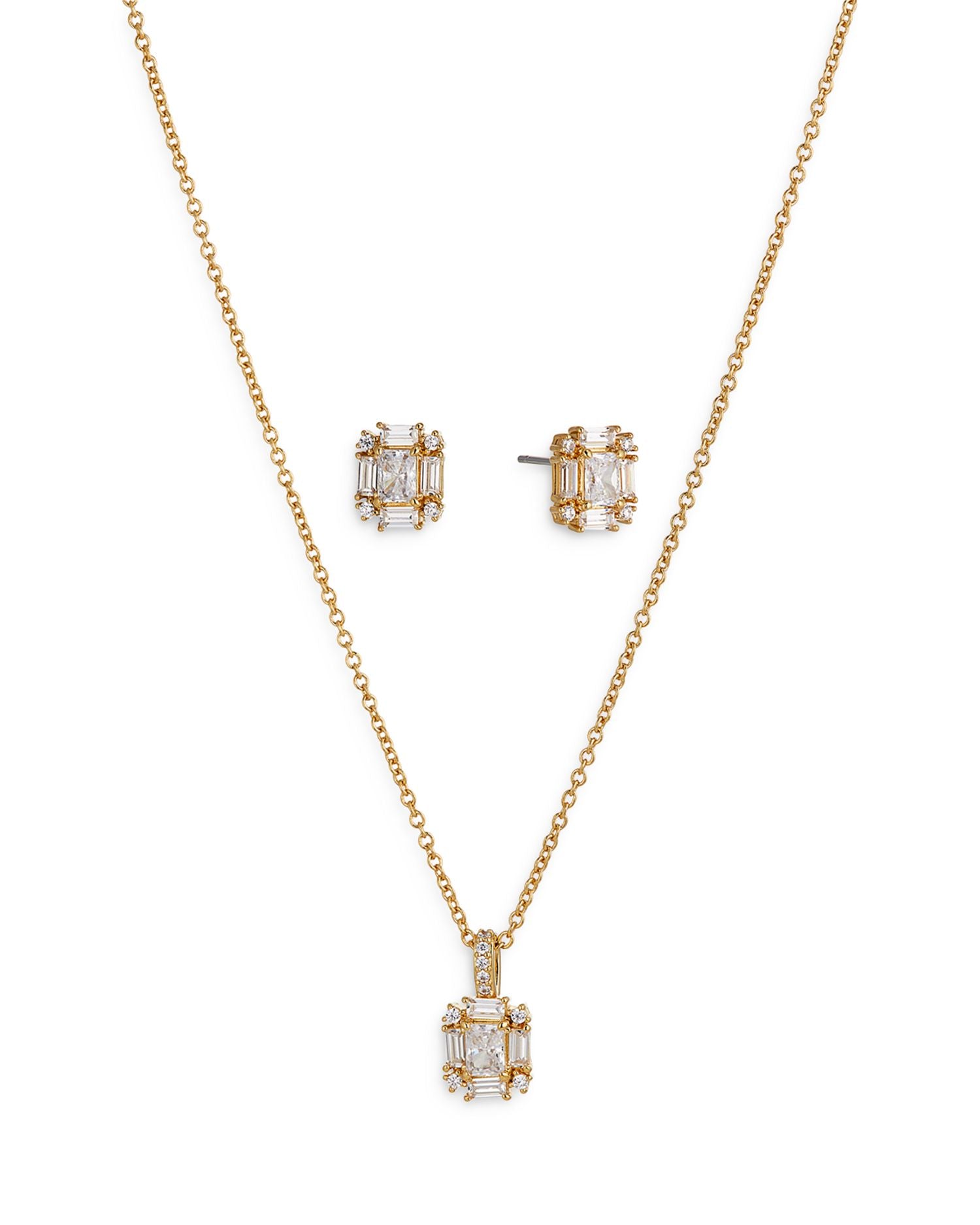 Bridesmaids Emerald Shape Cubic Zirconia Halo Stud Earrings & Pendant Necklace Set