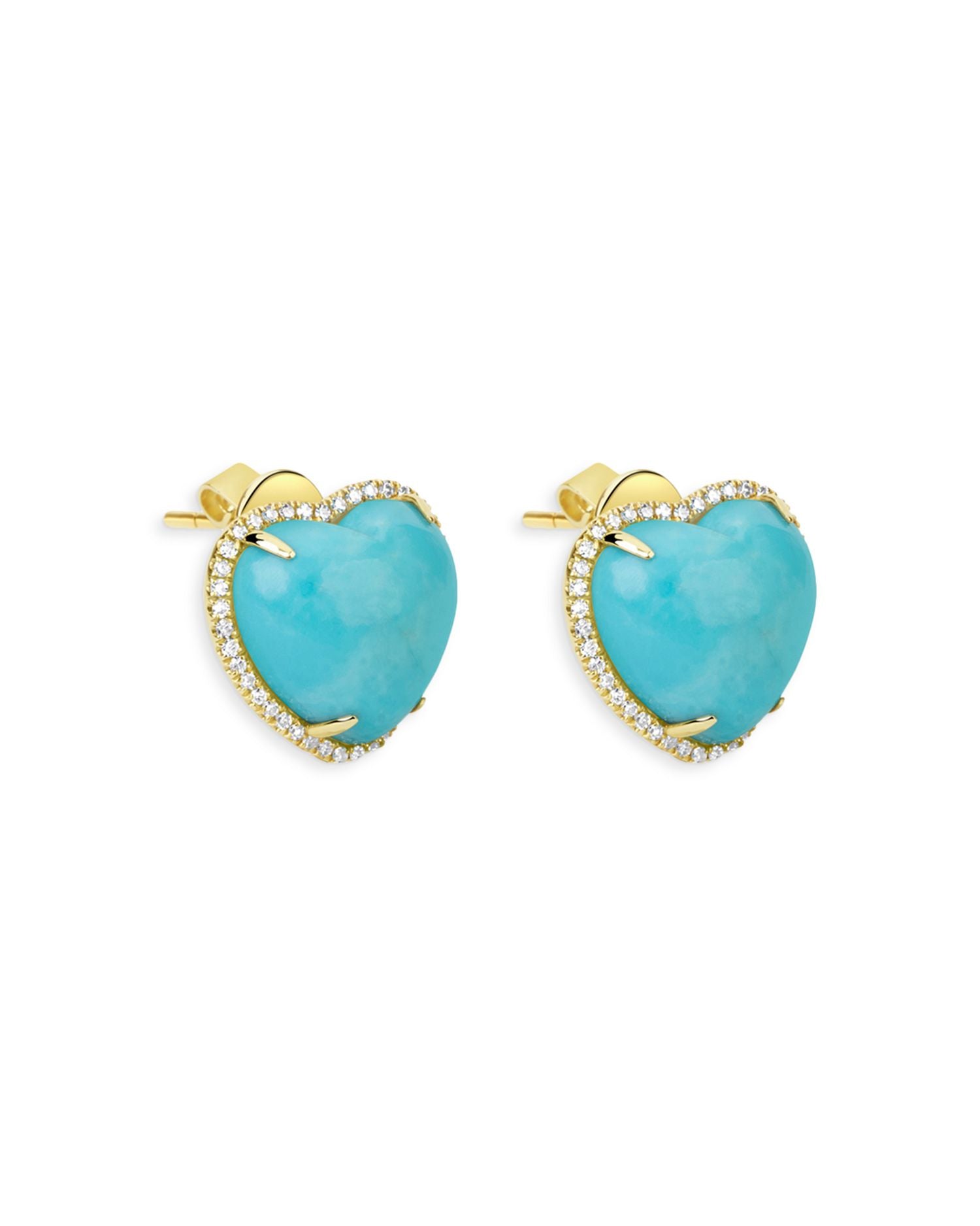 14K Yellow Gold Turquoise & Diamond Heart Stud Earrings
