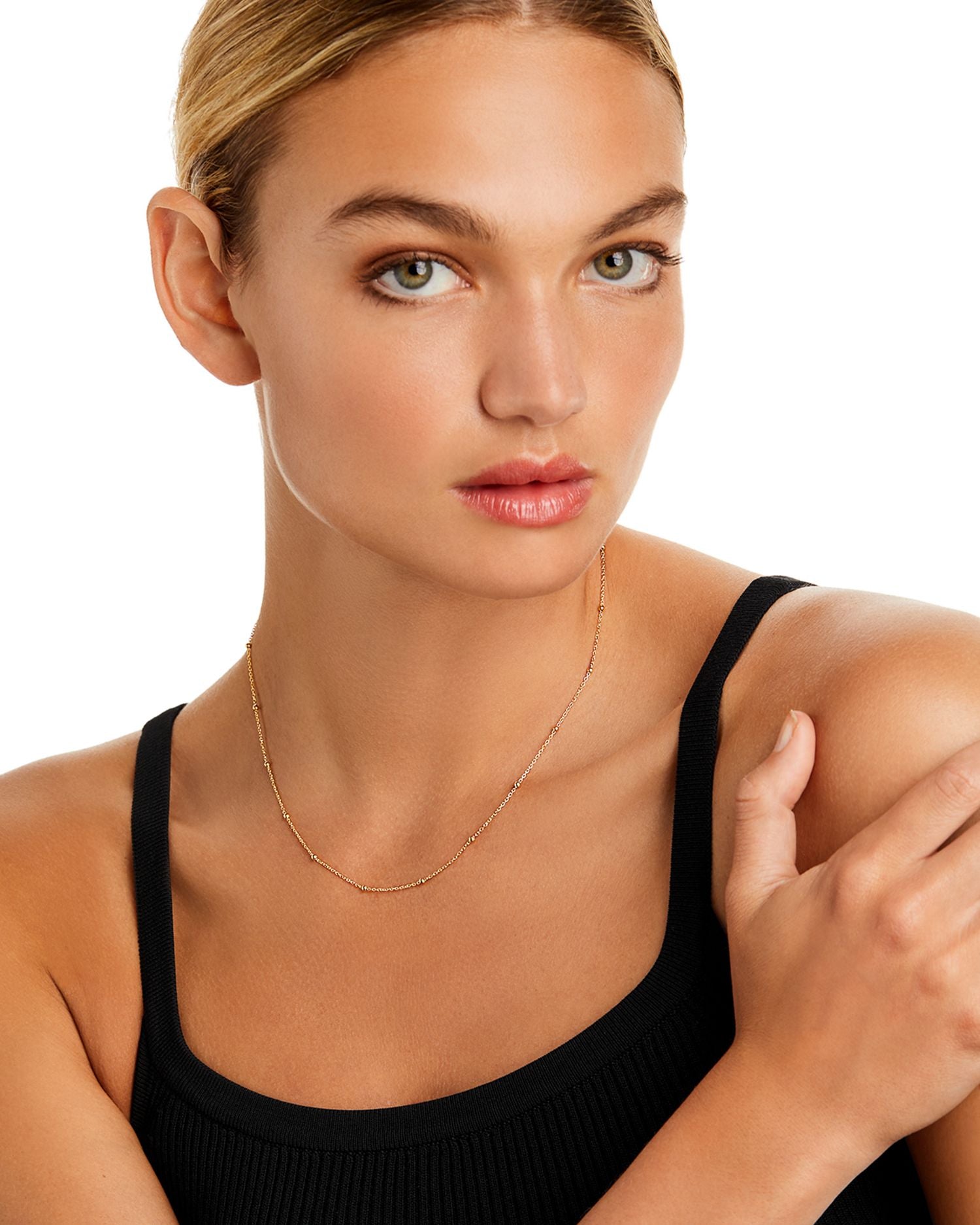 14K Yellow Gold Ball Station Chain Necklace, 18'