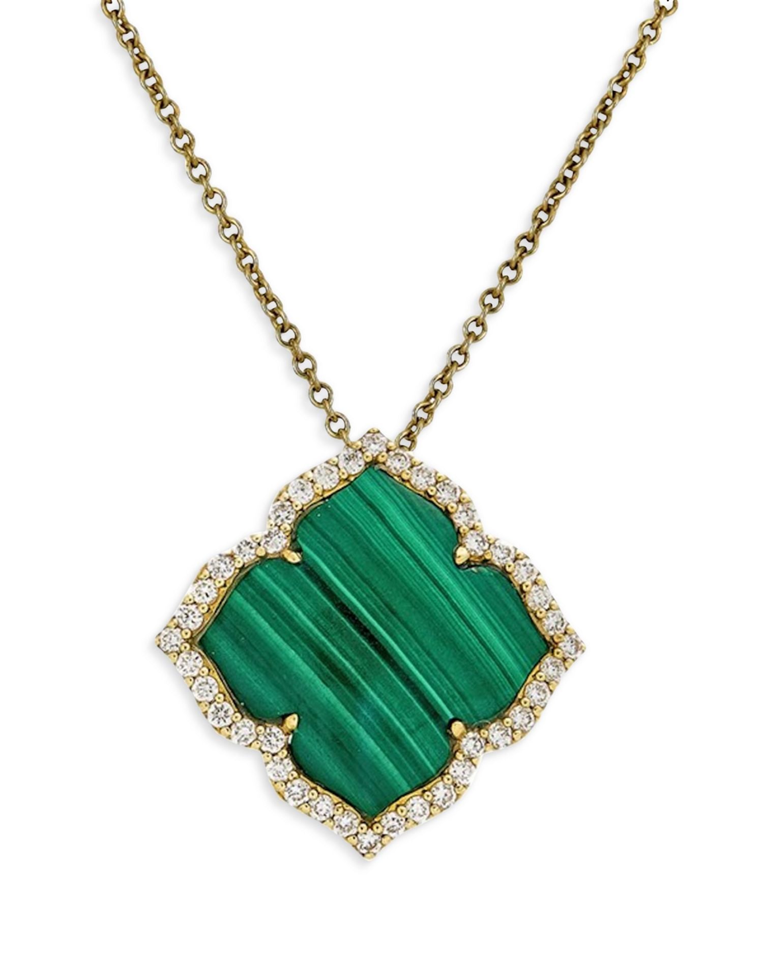 18K Yellow Gold Malachite & Diamond Flower Necklace; 18'