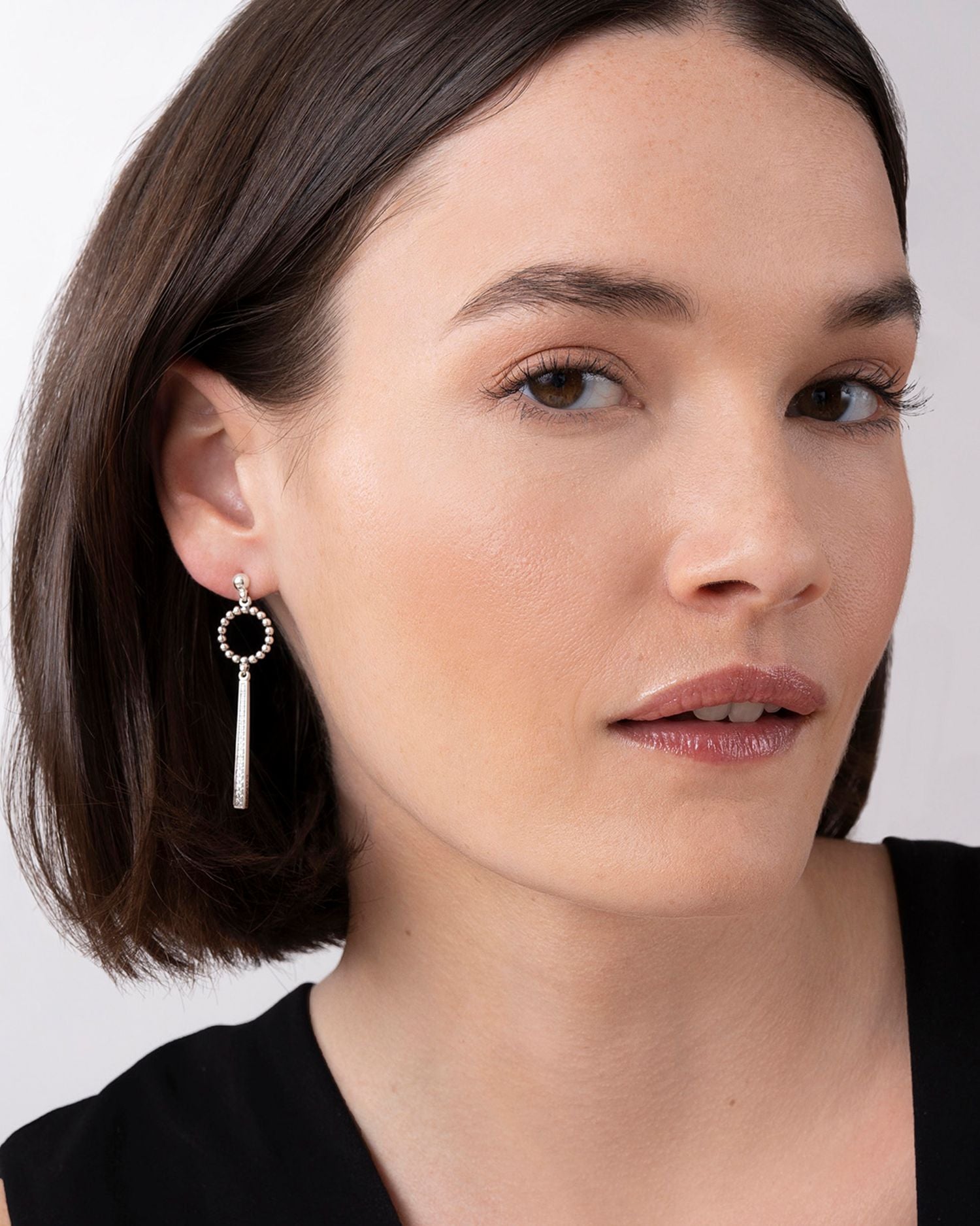 Sterling Silver Caviar Spark Diamond & Bead Circle Linear Drop Earrings