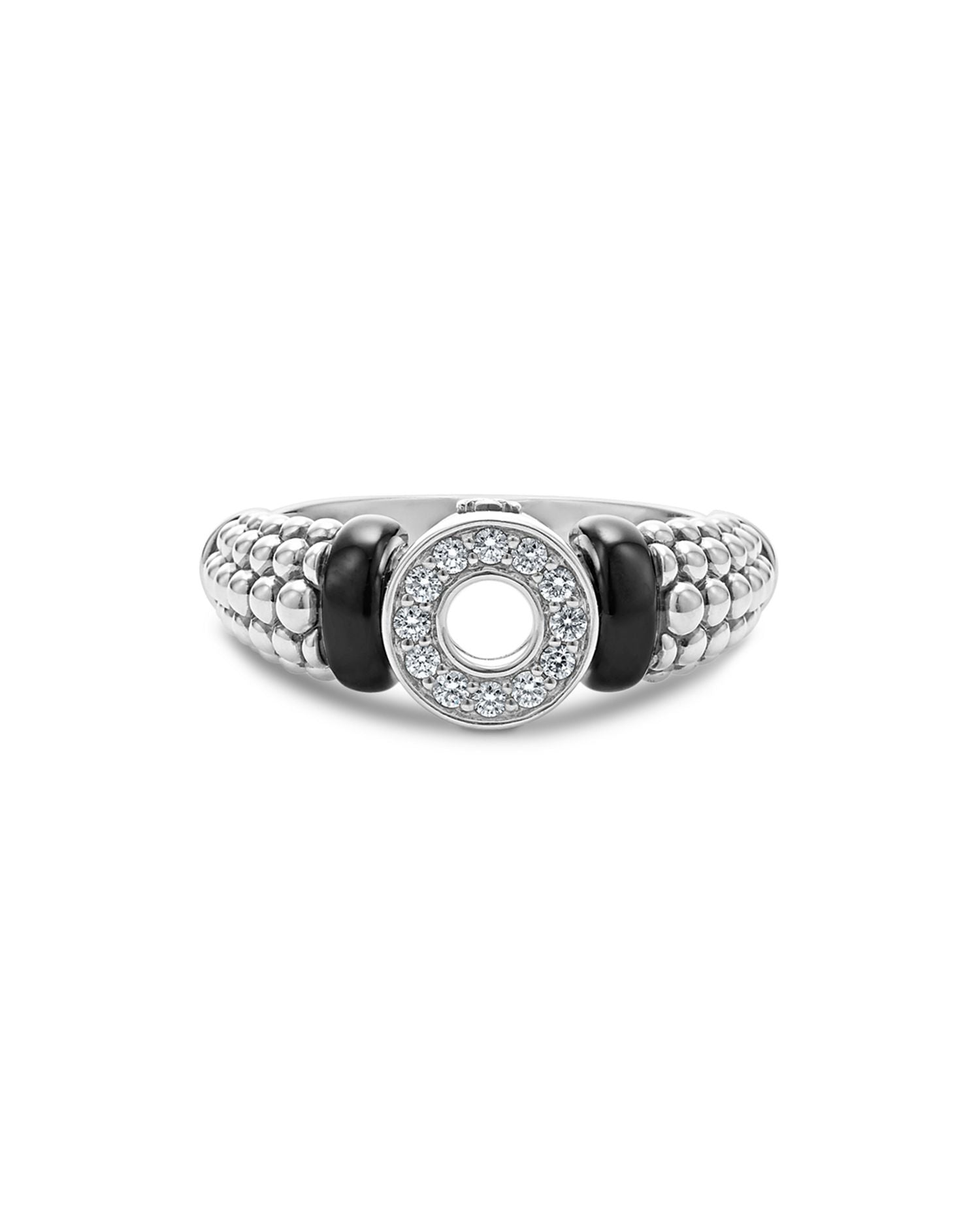 Sterling Silver Black Caviar Ceramic & Diamond Circle Bead Ring