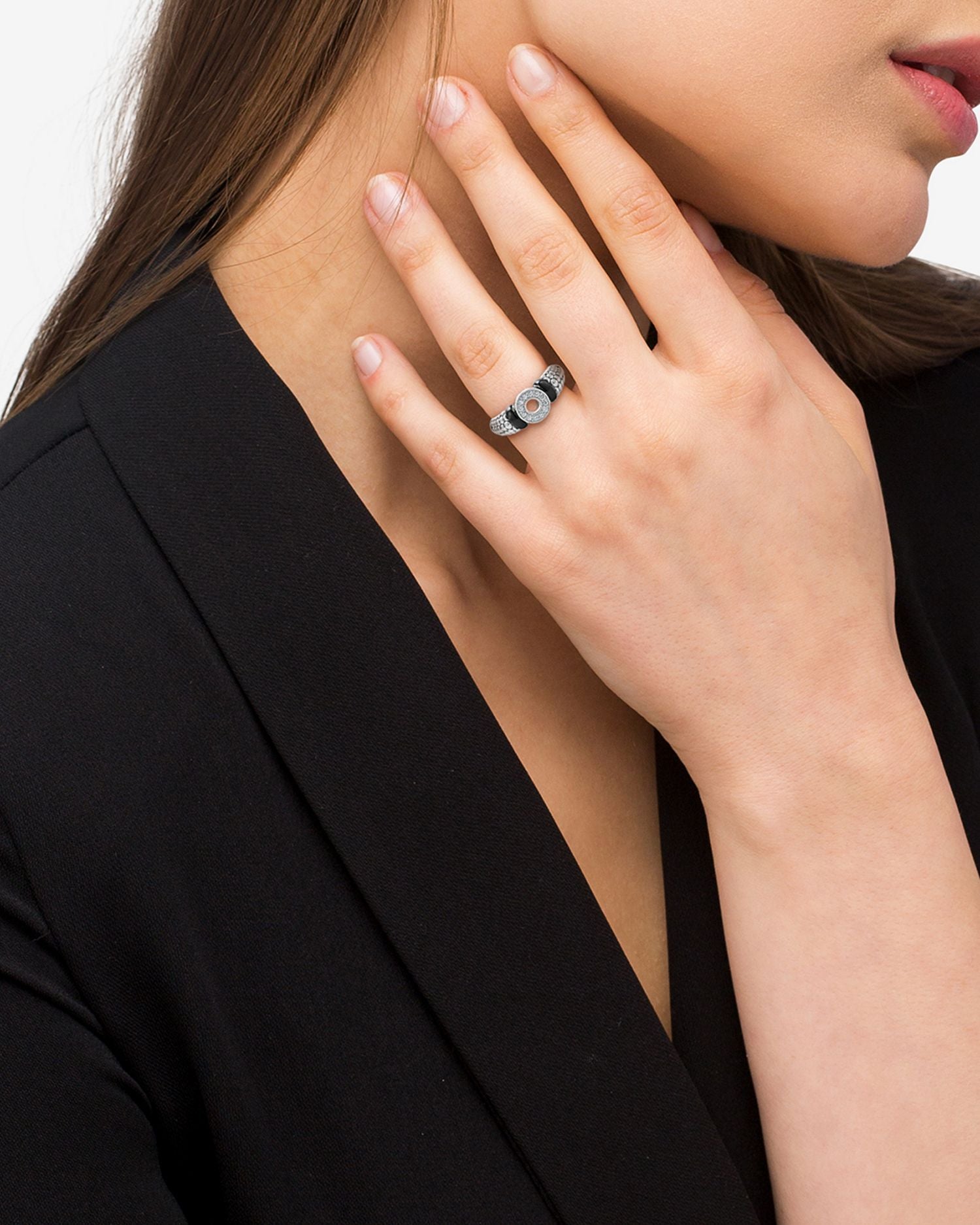 Sterling Silver Black Caviar Ceramic & Diamond Circle Bead Ring