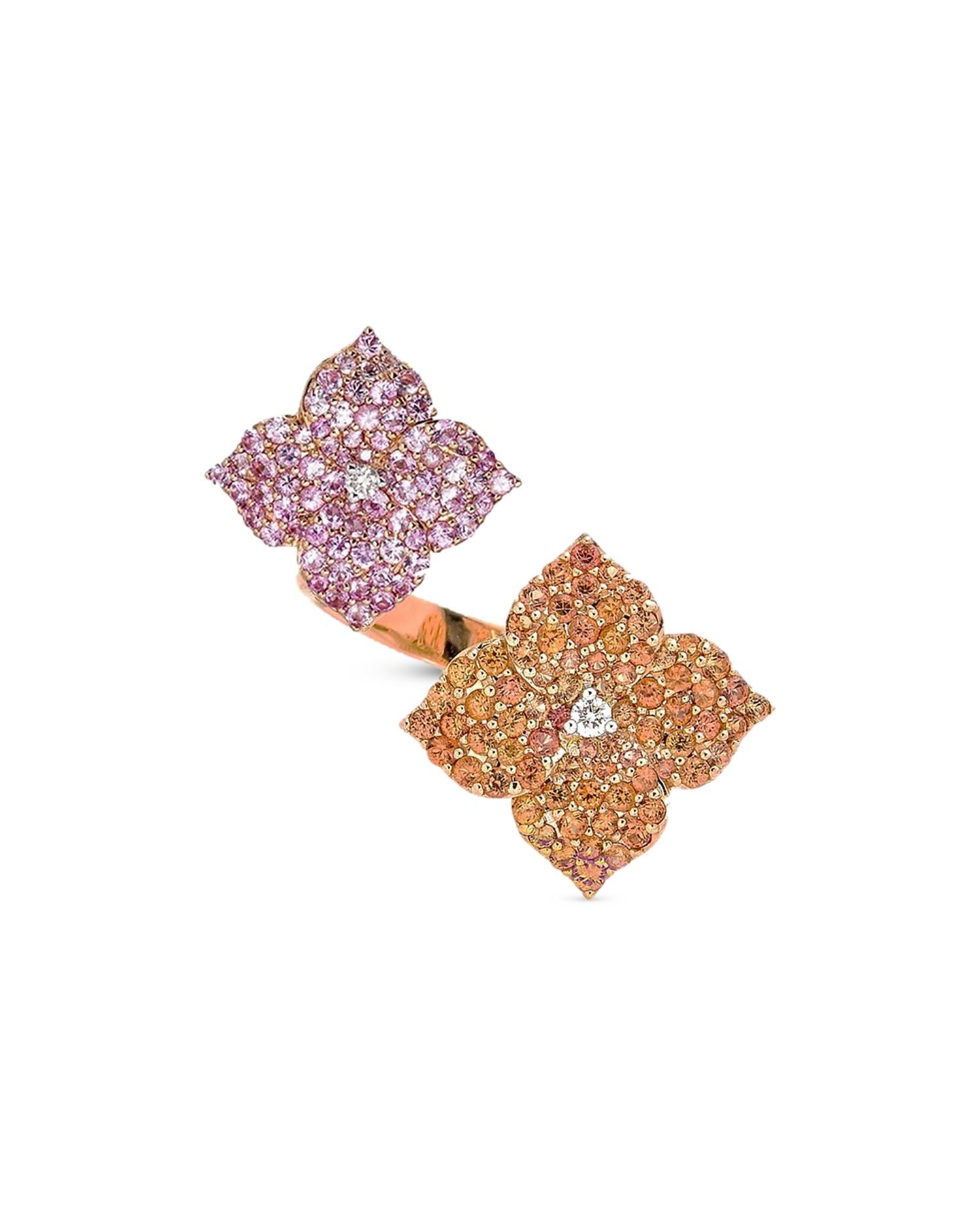 18K Rose Gold Double Flower Pink & Orange Sapphire Bypass Ring