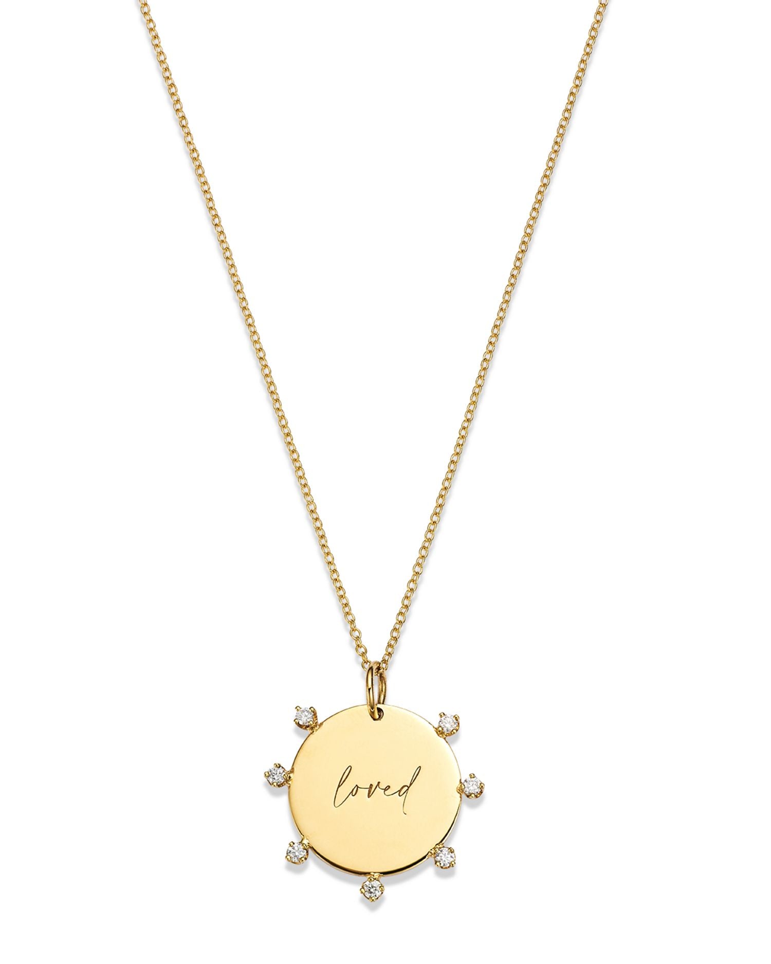 14K Yellow Gold Tender Tokens Diamond 'Loved' Disc Pendant Necklace, 16-18'