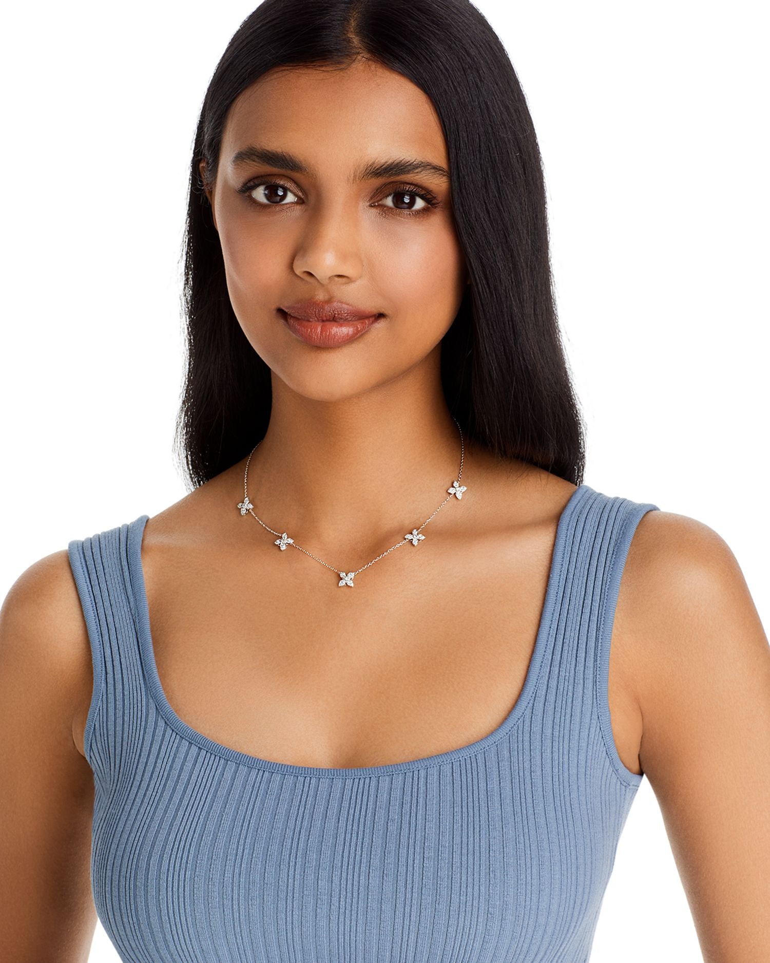 Diamond Flower Station Necklace in 14K White Gold, 0.80 ct. t.w. - Exclusive