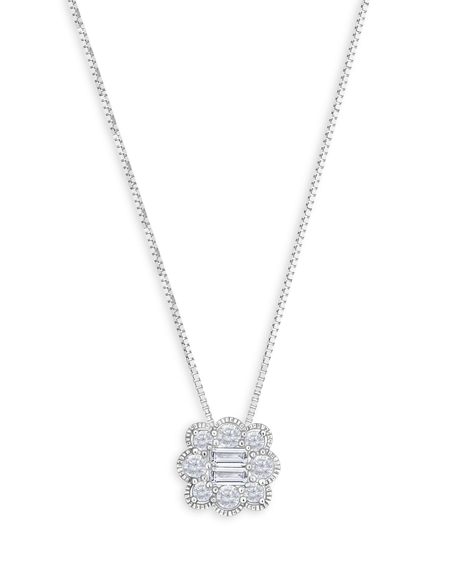 Diamond Baguette & Round Flower Pendant Necklace in 14K White Gold, 0.50 ct. t.w. - Exclusive