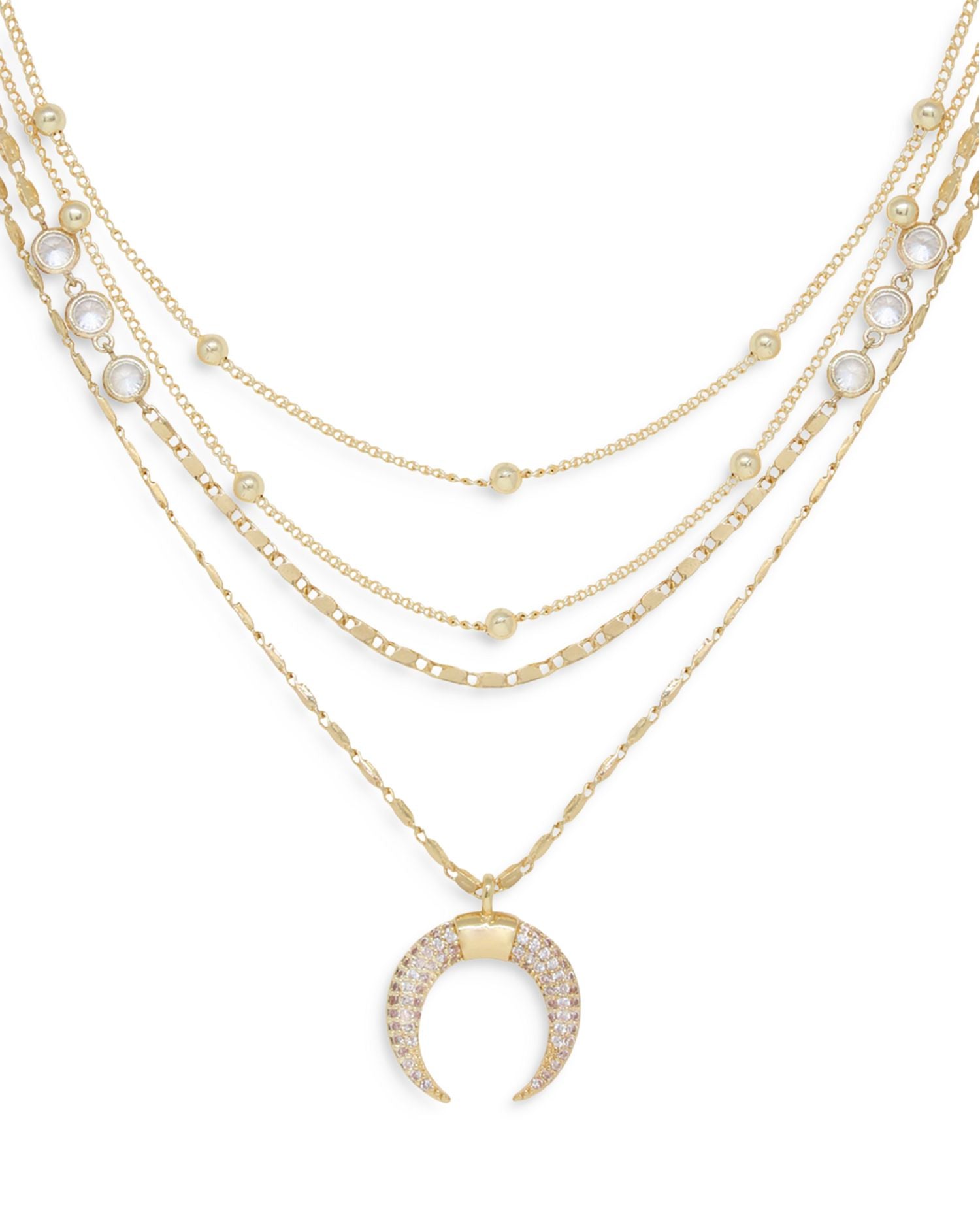 Layered Chain & Horn Pendant Necklace in 18K Gold Plate, 14'