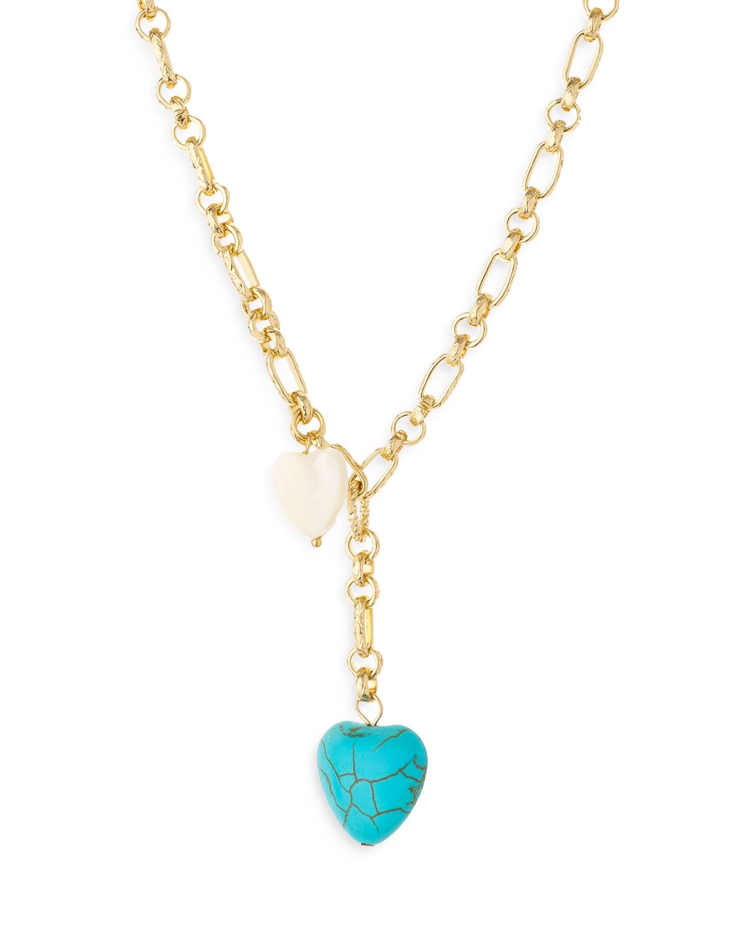 Turquoise & Mother of Pearl Heart 18K Gold Plated Lariat Necklace, 15"