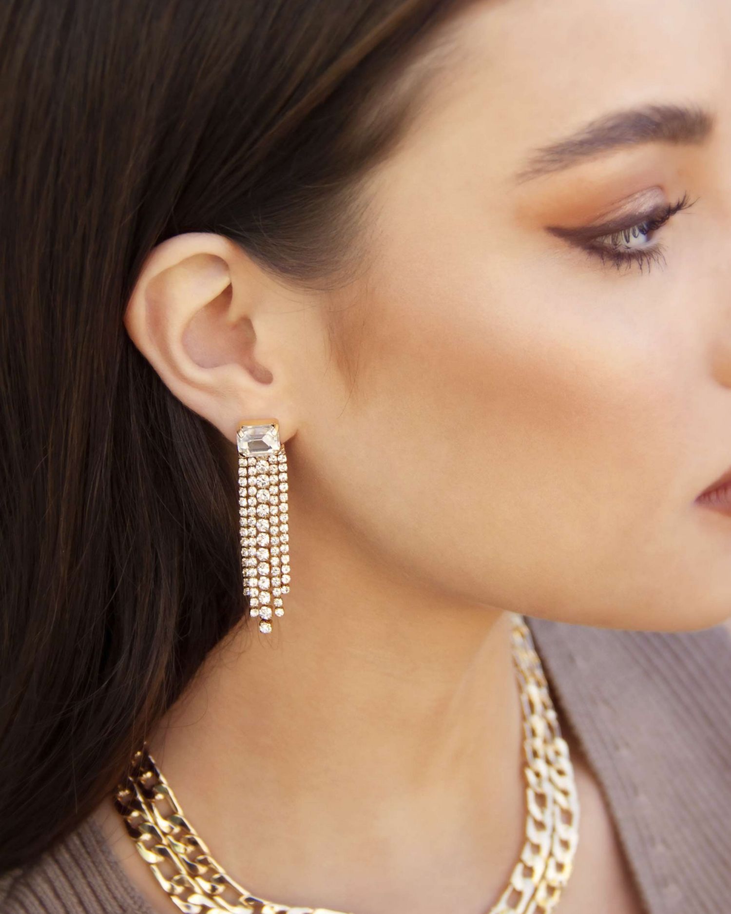 Embellished Fringe Drop Earrings in 18K Gold Plate