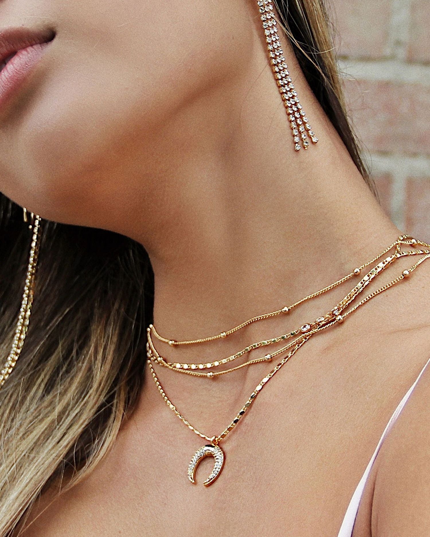 Layered Chain & Horn Pendant Necklace in 18K Gold Plate, 14'