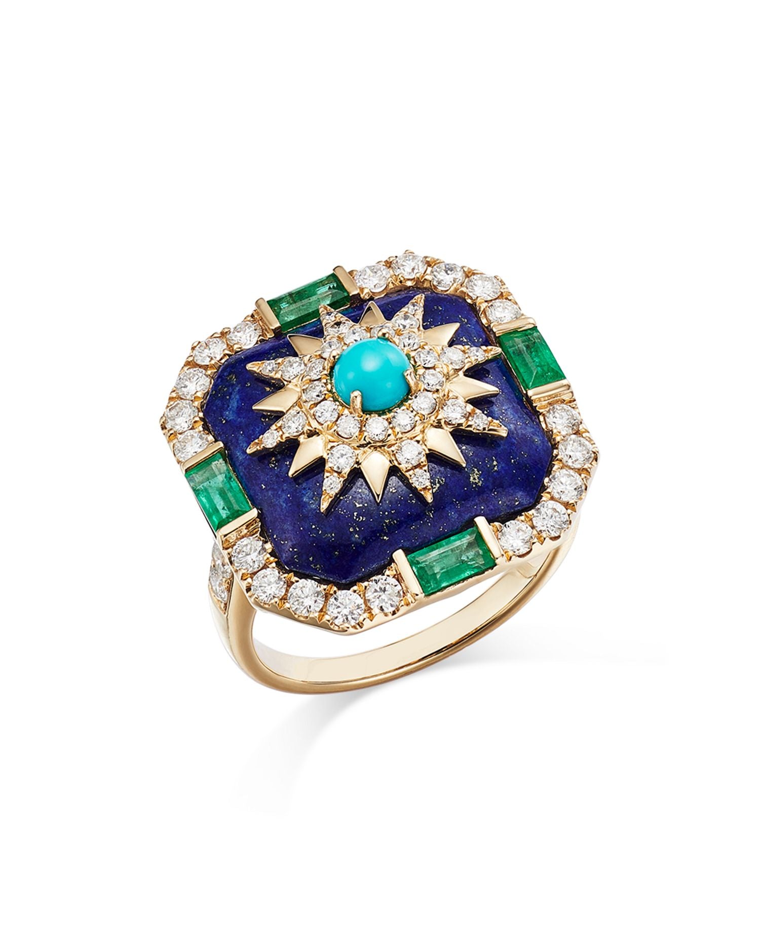 Turquoise, Lapis, Emerald, and Diamond Star Statement Ring in 14K Yellow Gold - Exclusive