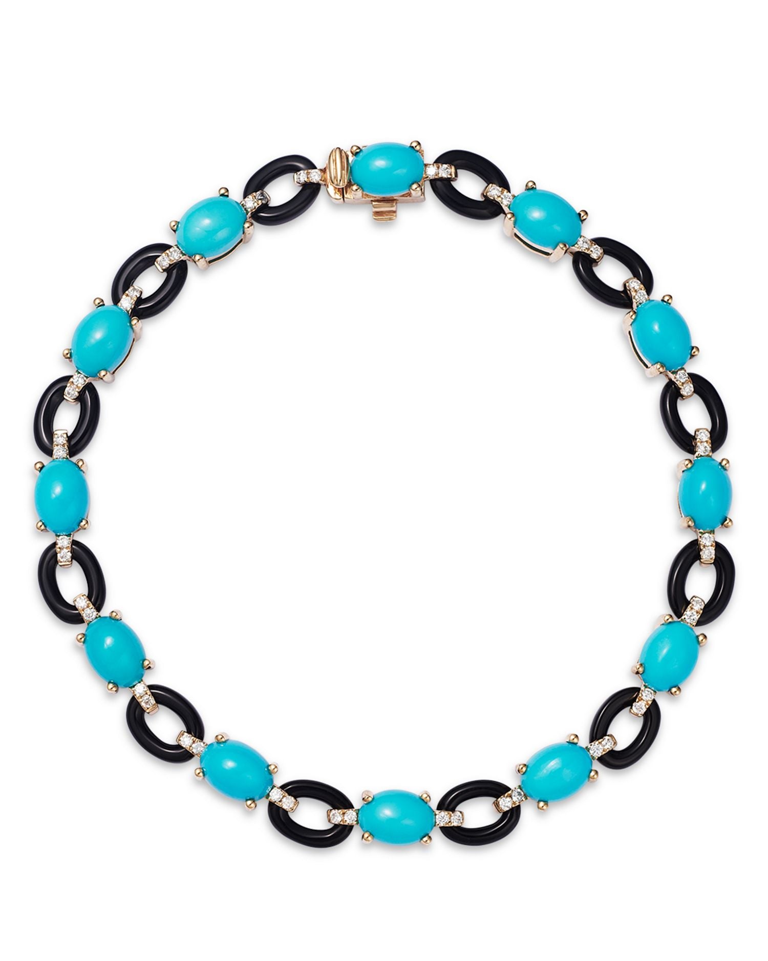Turquoise, Onyx, and Diamond Link Bracelet in 14K Yellow Gold - Exclusive