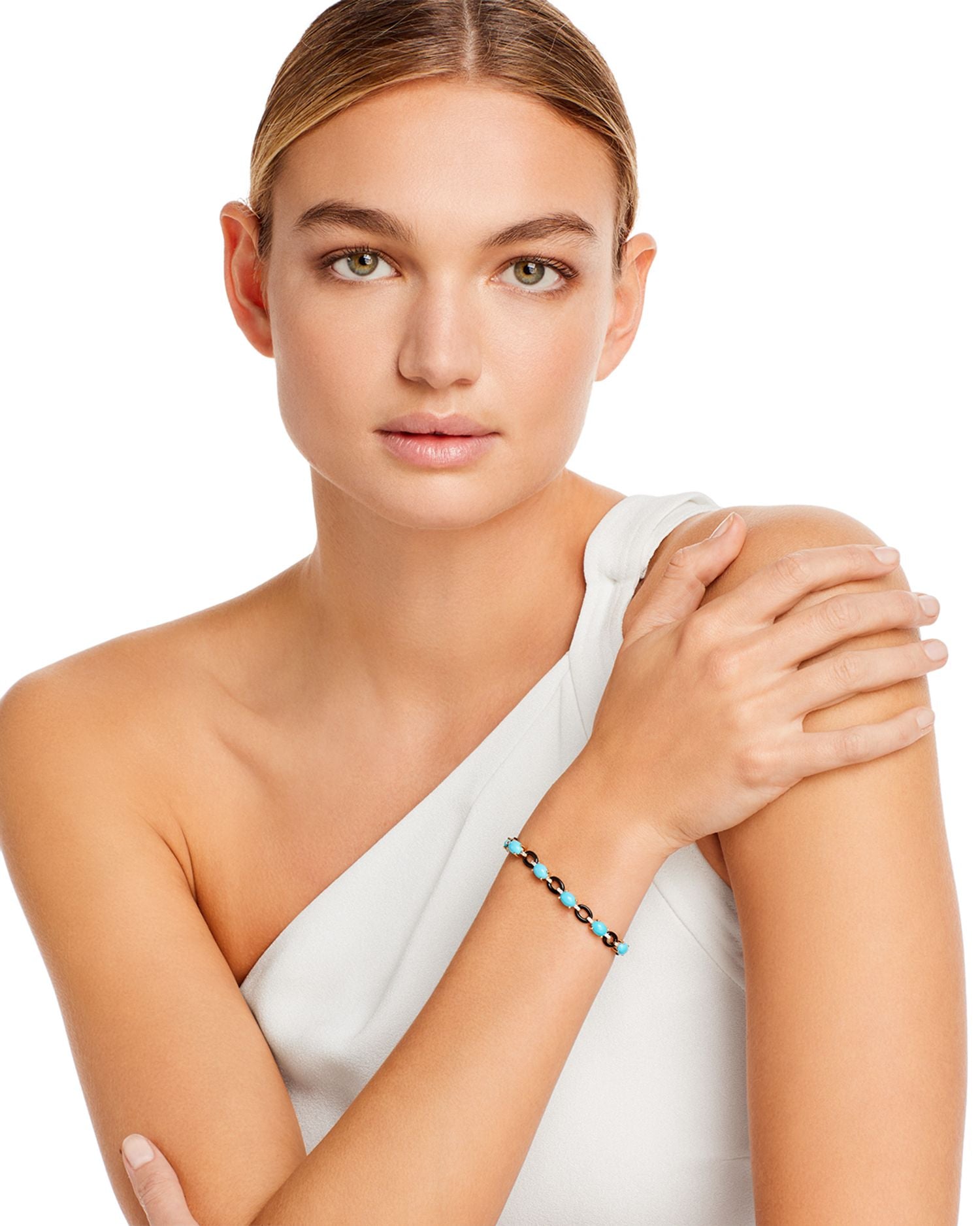 Turquoise, Onyx, and Diamond Link Bracelet in 14K Yellow Gold - Exclusive