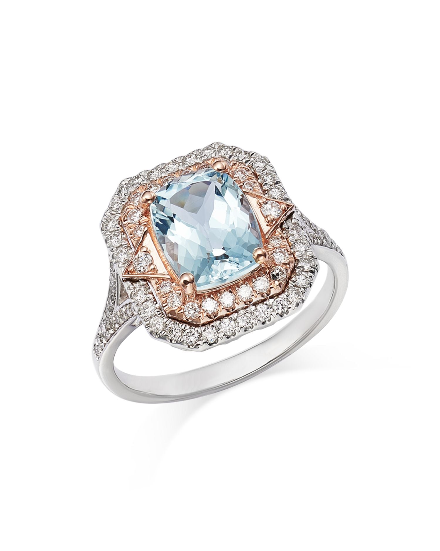Aquamarine & Diamond Double Halo Ring in 14K Rose & White Gold - Exclusive