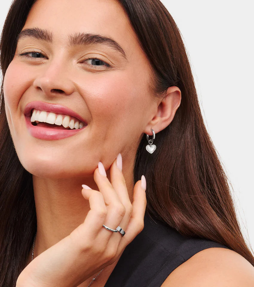 White Quartz Heart Huggie Earrings (Silver)