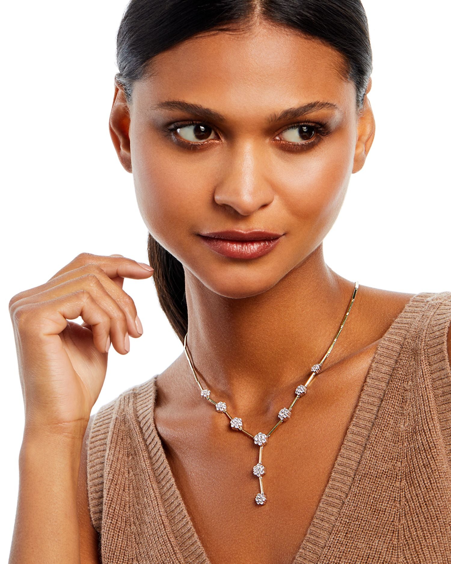 Diamond Flower Cluster Lariat Necklace in 14K Yellow & White Gold, 3.0 ct. t.w. - Exclusive