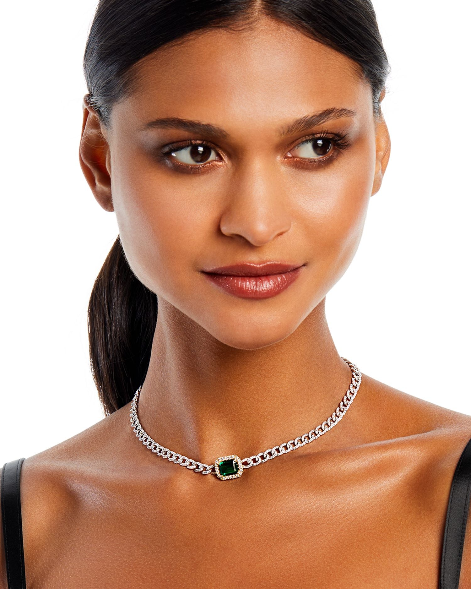 Emerald & Diamond Link Choker Necklace in 14k Yellow & White Gold, 14-18" - Exclusive