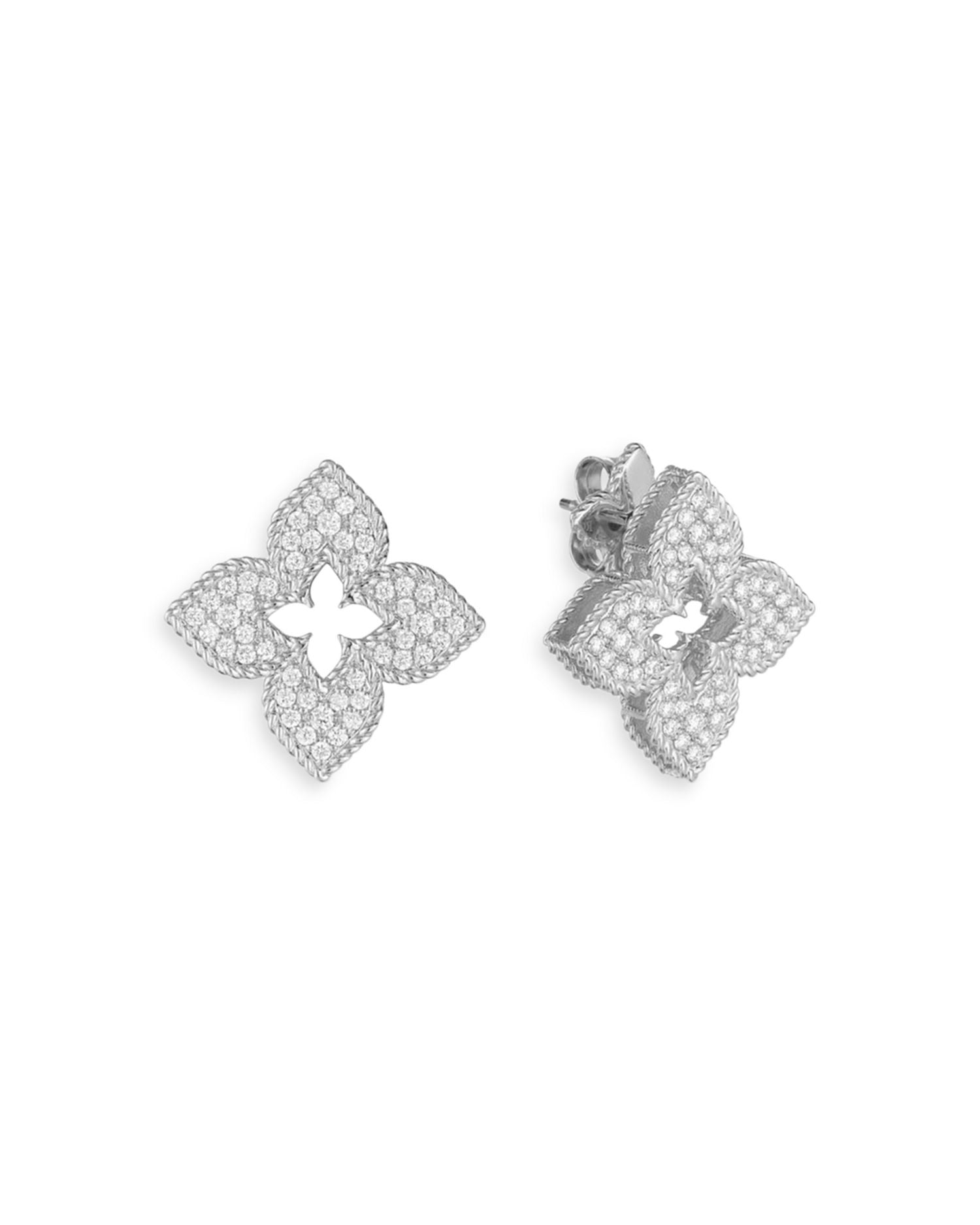 18K White Gold Petite Venetian Princess Diamond Quatrefoil Stud Earrings