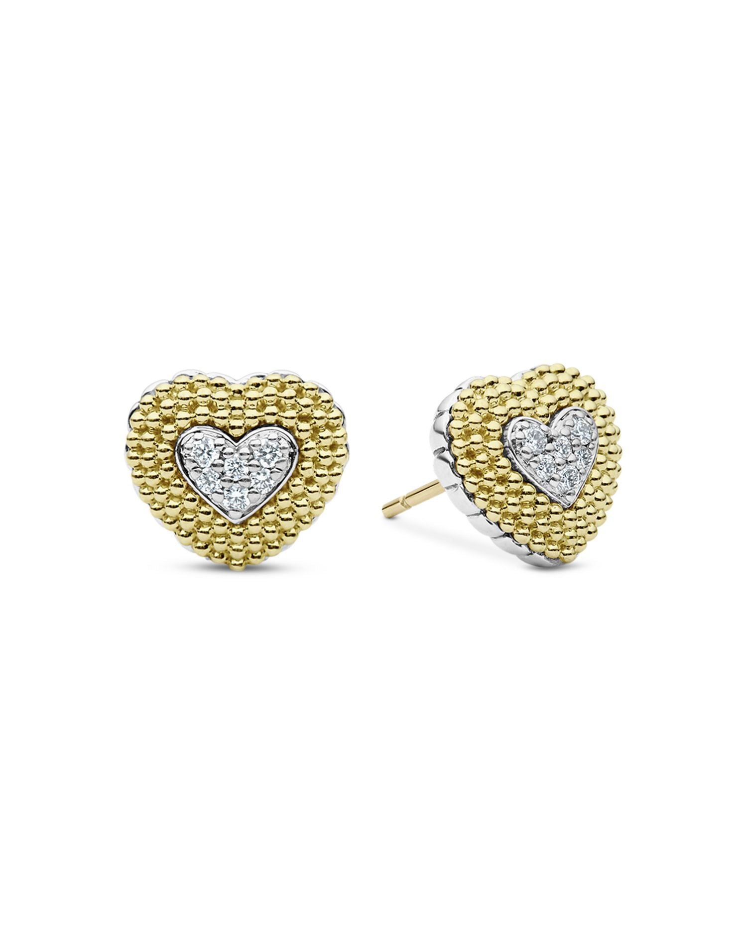 Sterling Silver & 18K Yellow Gold Caviar Lux Beaded Diamond Heart Stud Earrings