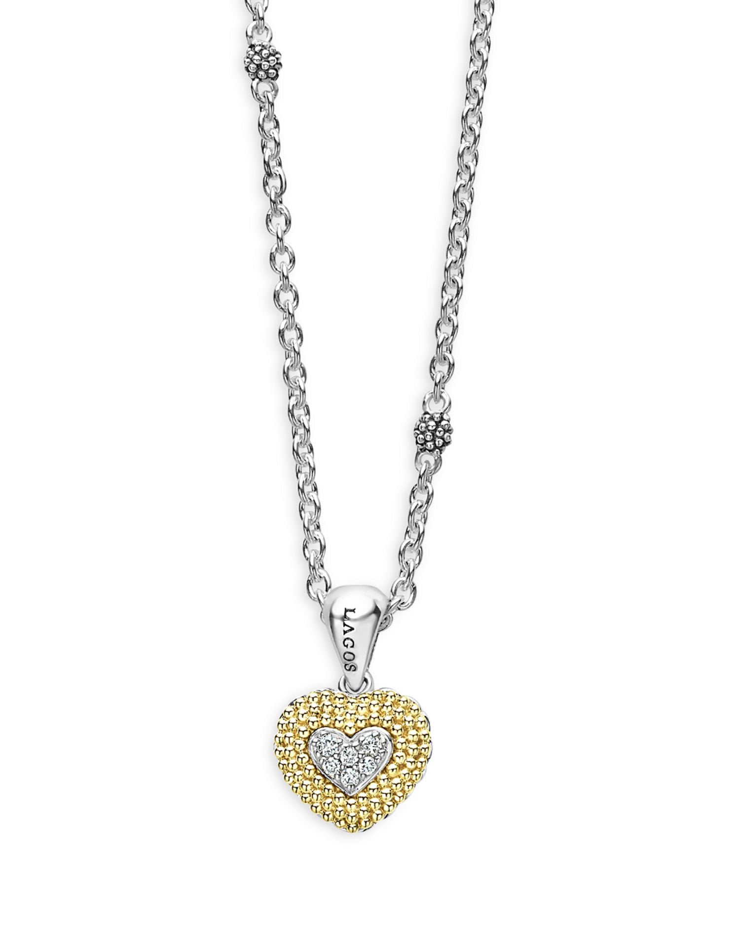 18K Yellow Gold & Sterling Silver Caviar Lux Diamond Heart Pendant Necklace, 16'