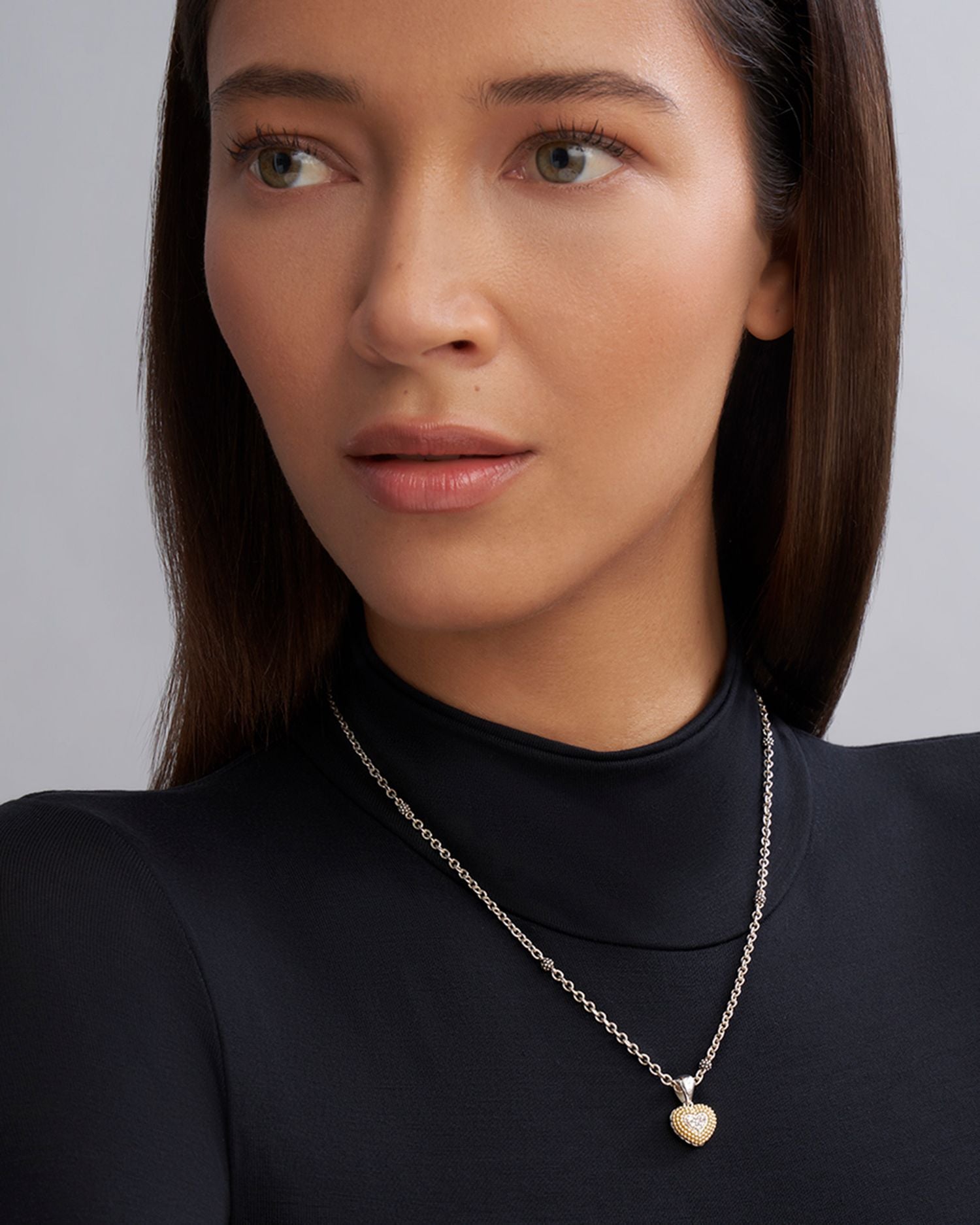 18K Yellow Gold & Sterling Silver Caviar Lux Diamond Heart Pendant Necklace, 16'