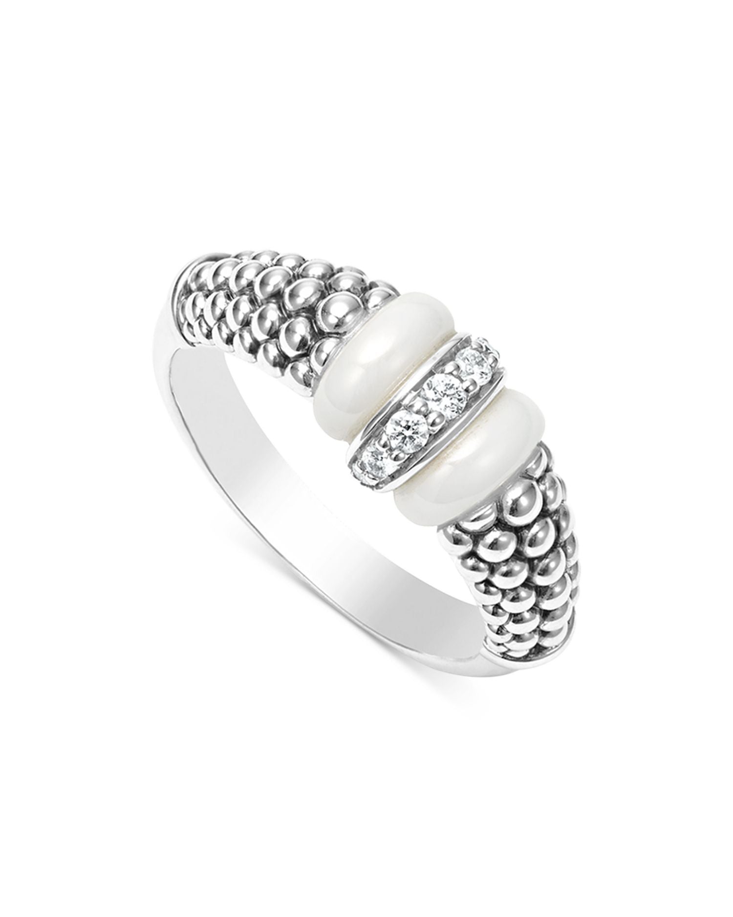 Ceramic & Sterling Silver White Caviar Diamond Stacking Ring