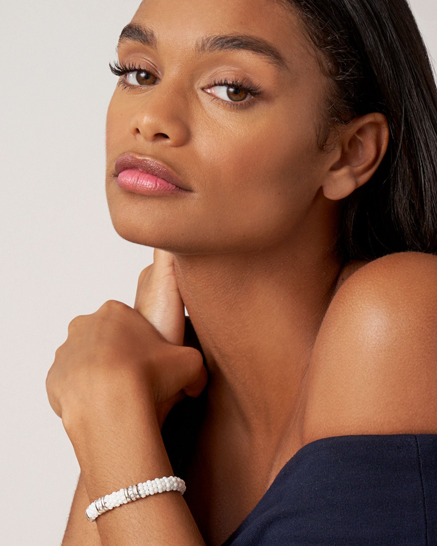 Sterling Silver & Ceramic White Caviar Diamond Three Station Bracelets